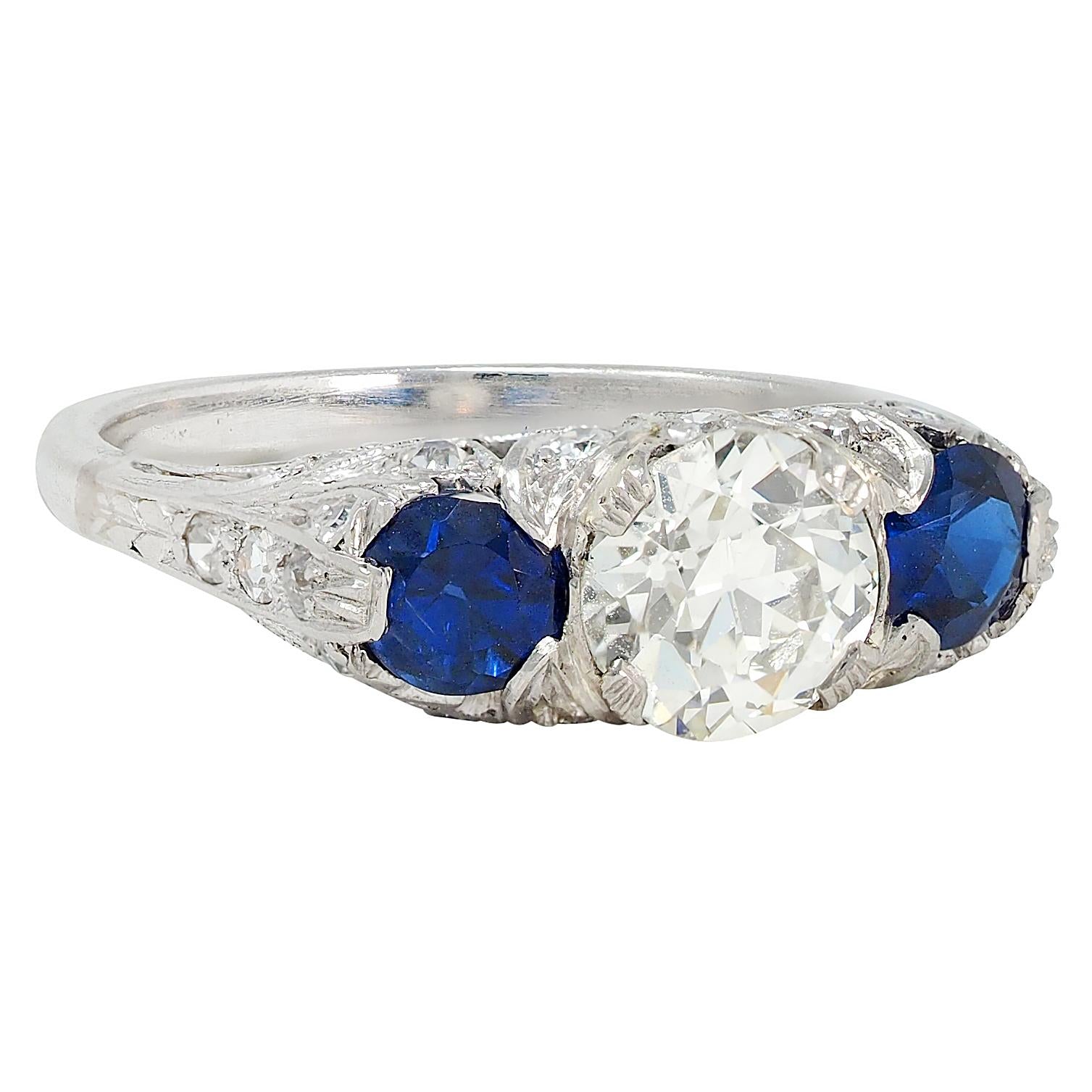 Edwardian 2.10 CTW Sapphire Diamond Platinum Antique Foliate Three Stone Ring