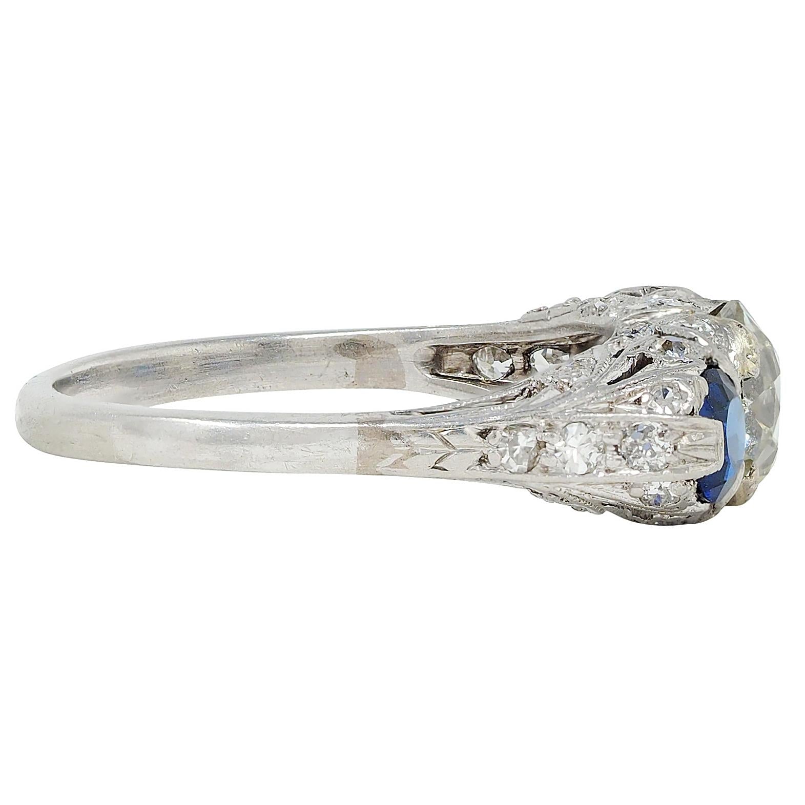 Edwardian 2.10 CTW Sapphire Diamond Platinum Antique Foliate Three Stone Ring