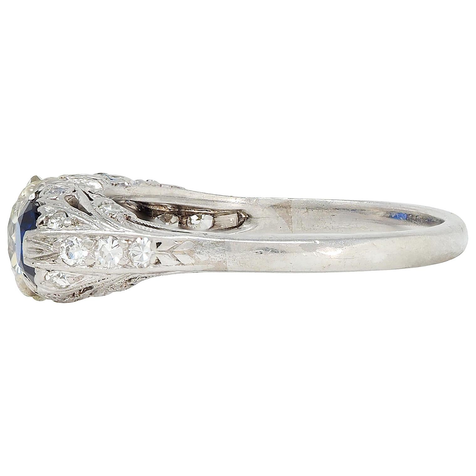 Edwardian 2.10 CTW Sapphire Diamond Platinum Antique Foliate Three Stone Ring