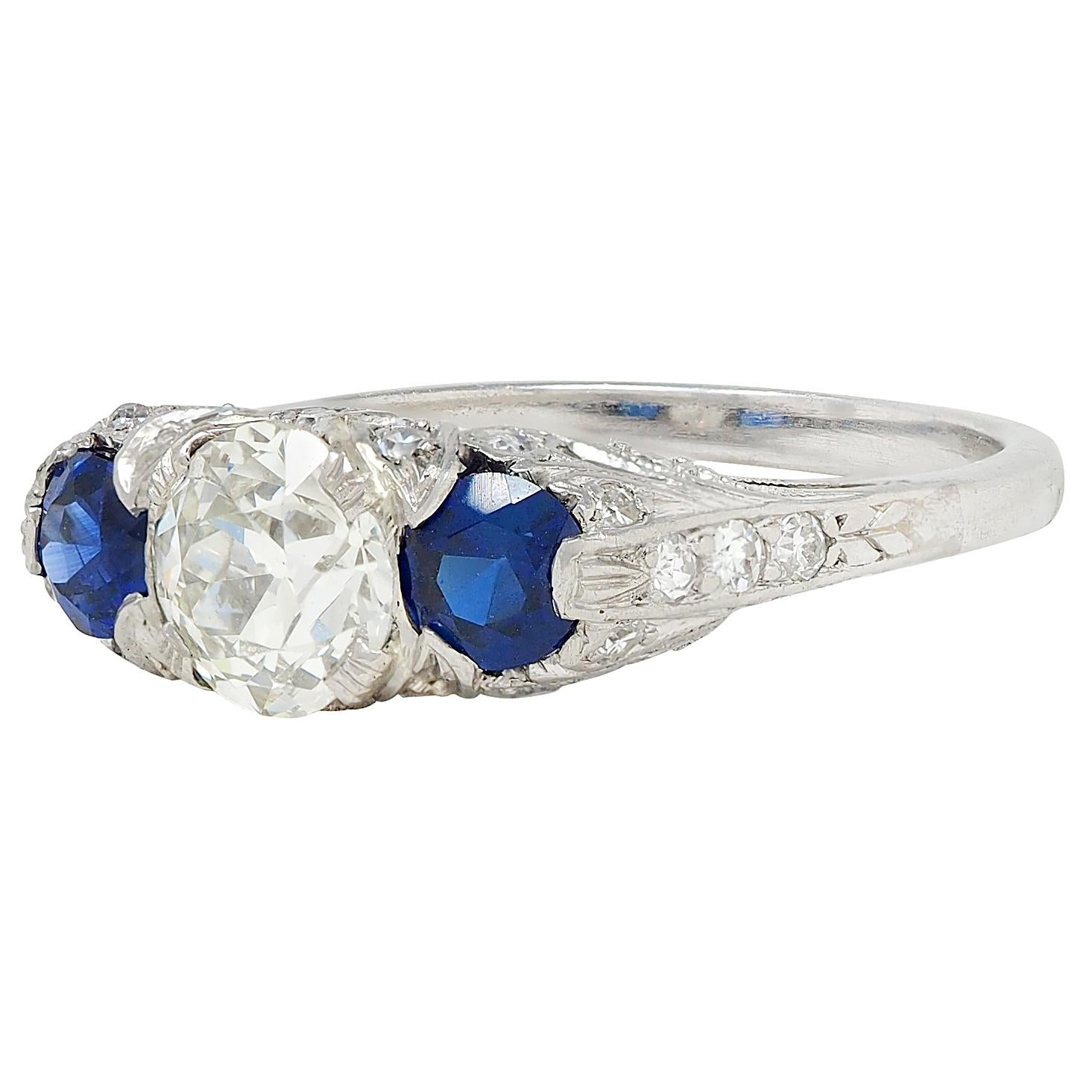 Edwardian 2.10 CTW Sapphire Diamond Platinum Antique Foliate Three Stone Ring