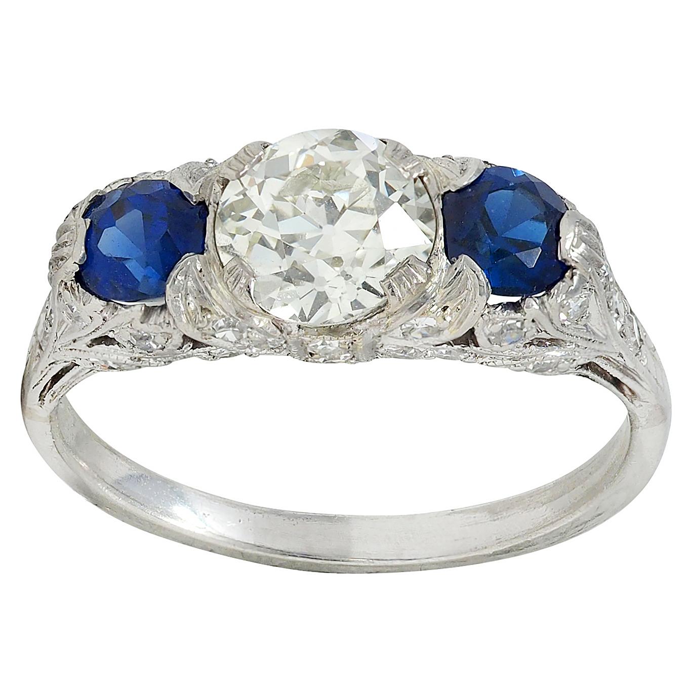 Edwardian 2.10 CTW Sapphire Diamond Platinum Antique Foliate Three Stone Ring