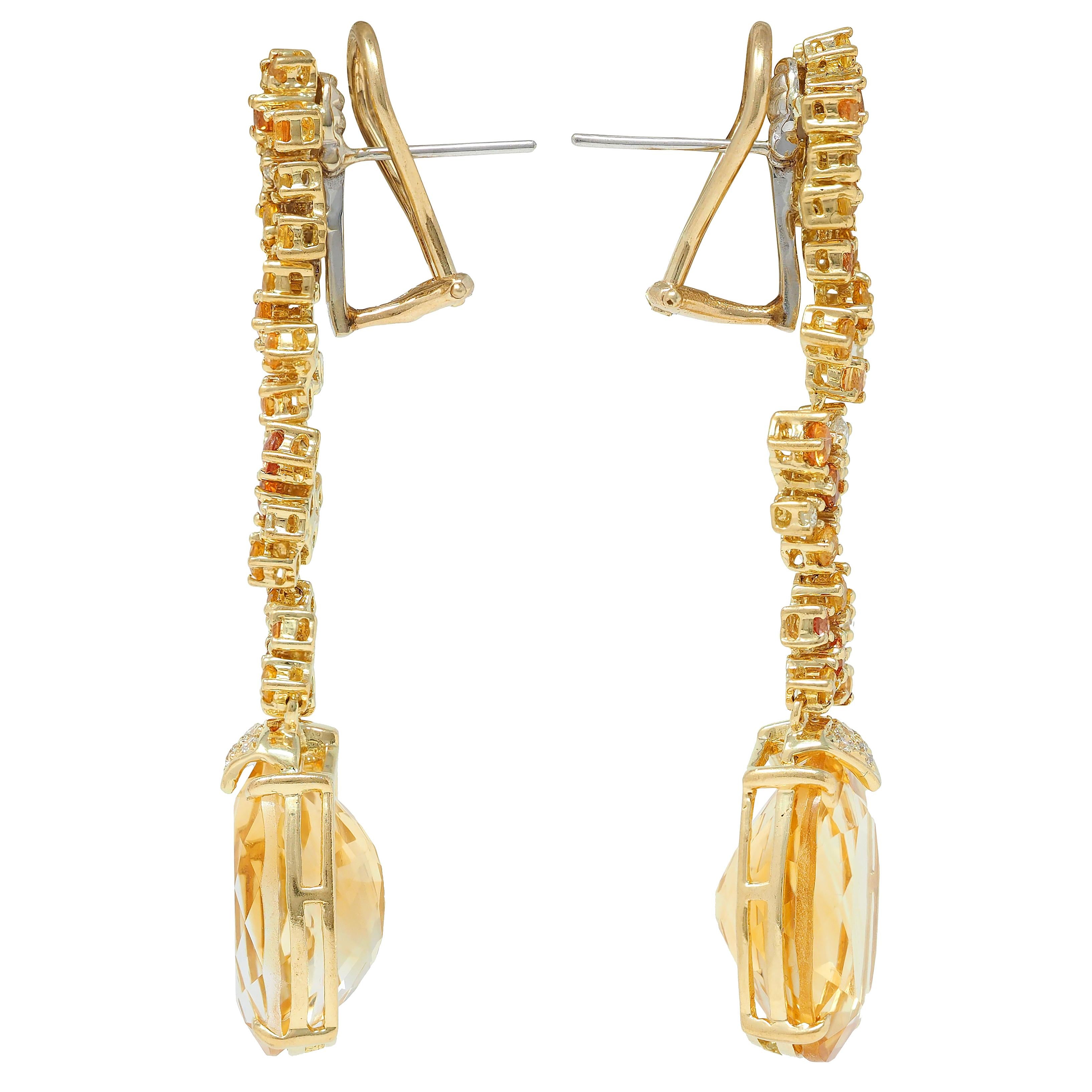 Contemporary 15.00 CTW Citrine Sapphire Diamond 18K Yellow Gold Drop Earrings