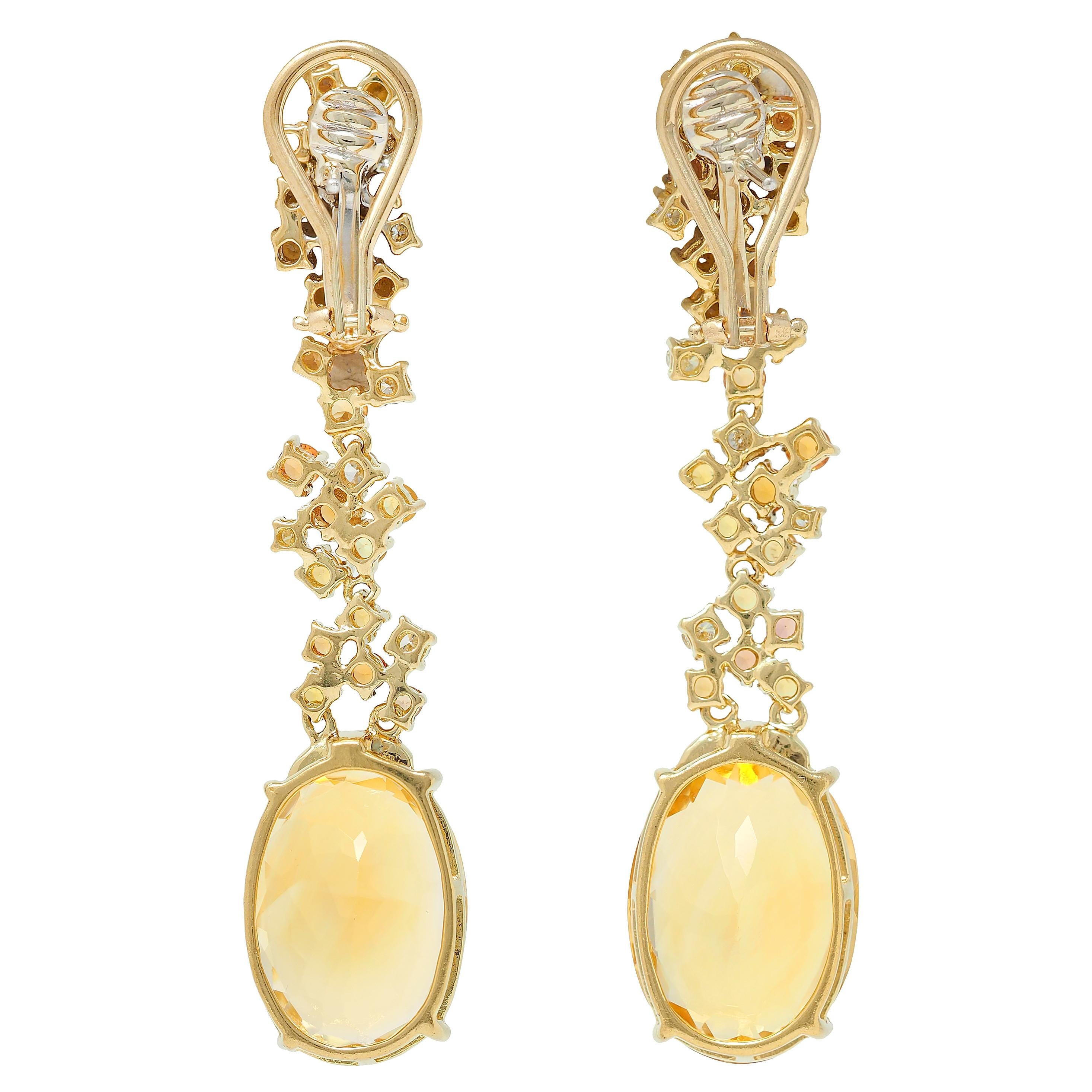 Contemporary 15.00 CTW Citrine Sapphire Diamond 18K Yellow Gold Drop Earrings