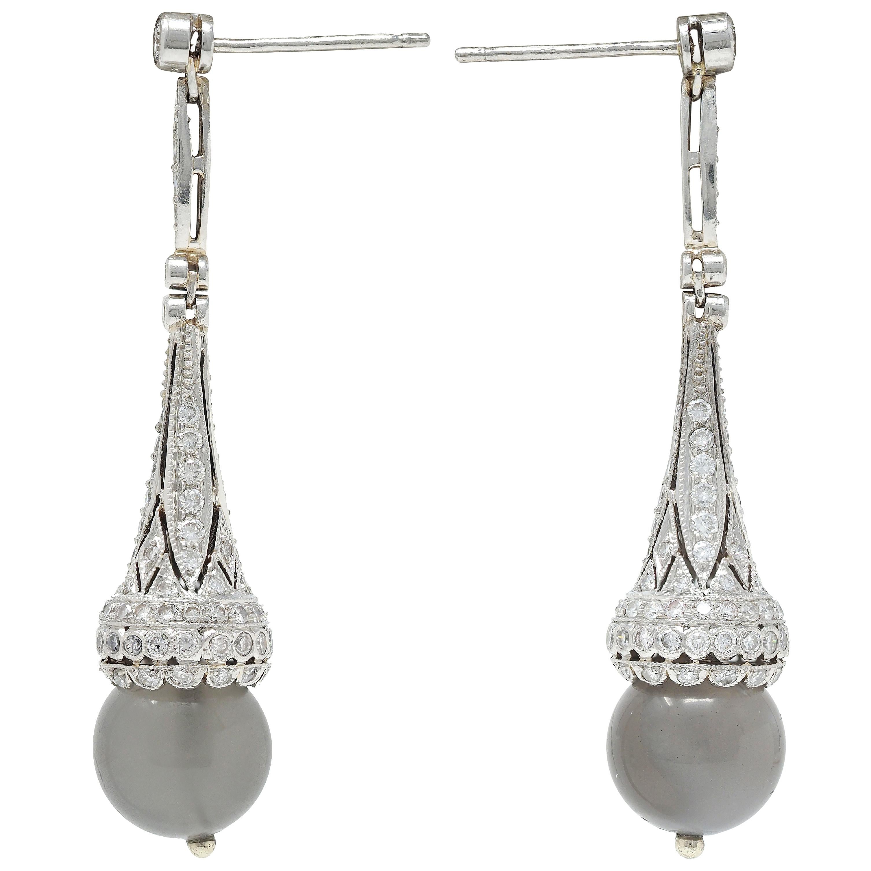 Contemporary Diamond Moonstone Platinum Drop Earrings