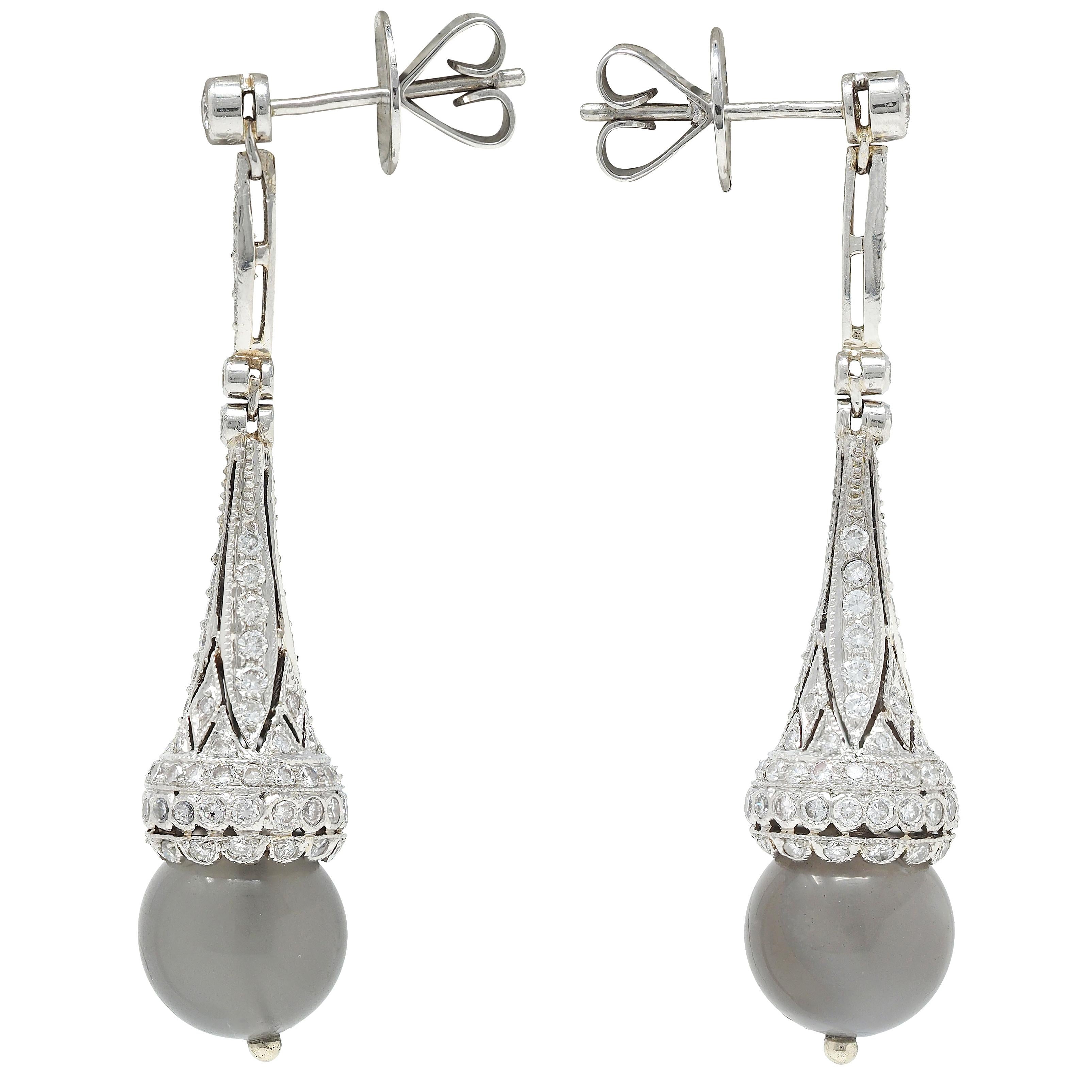 Contemporary Diamond Moonstone Platinum Drop Earrings