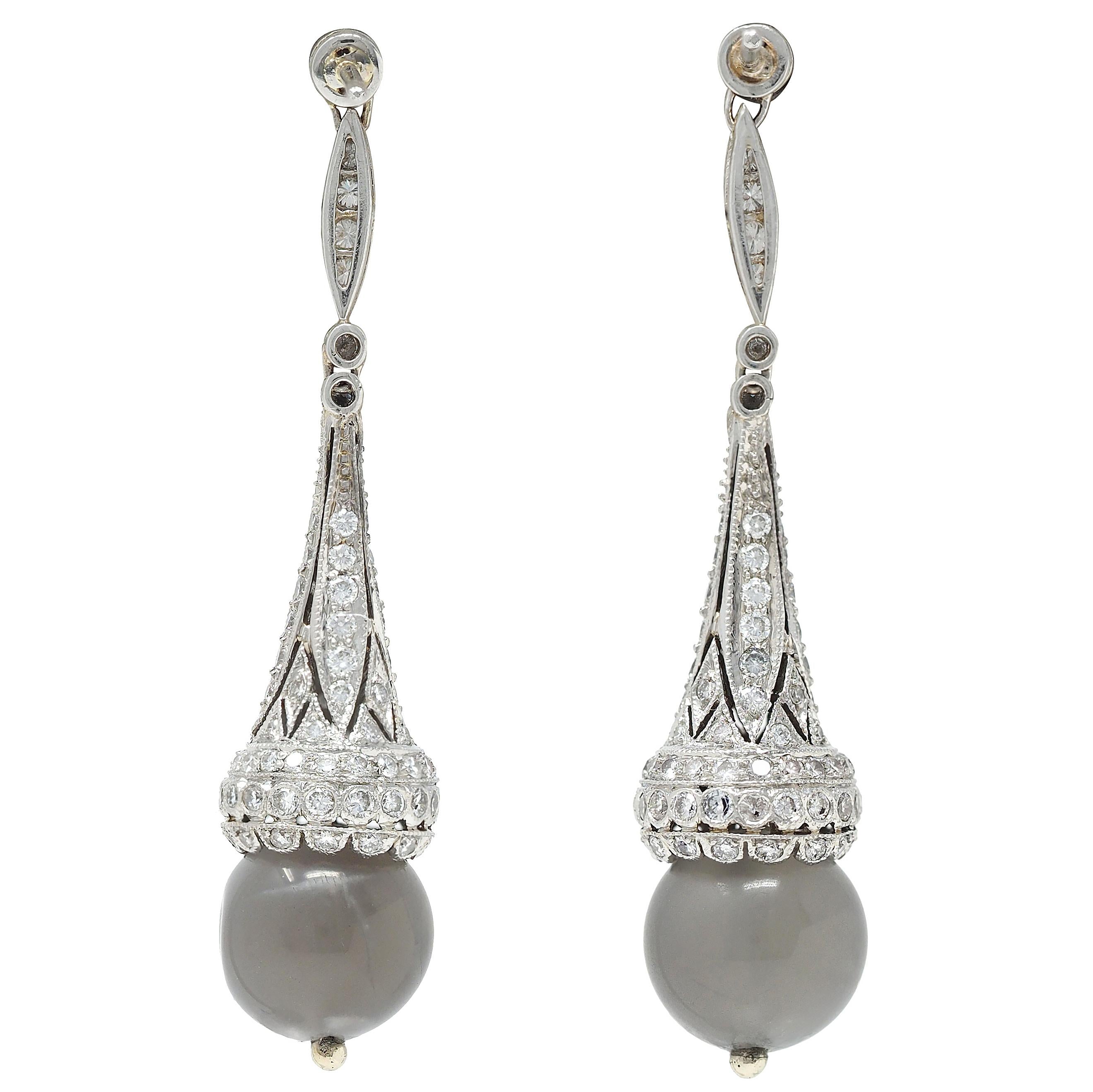 Contemporary Diamond Moonstone Platinum Drop Earrings