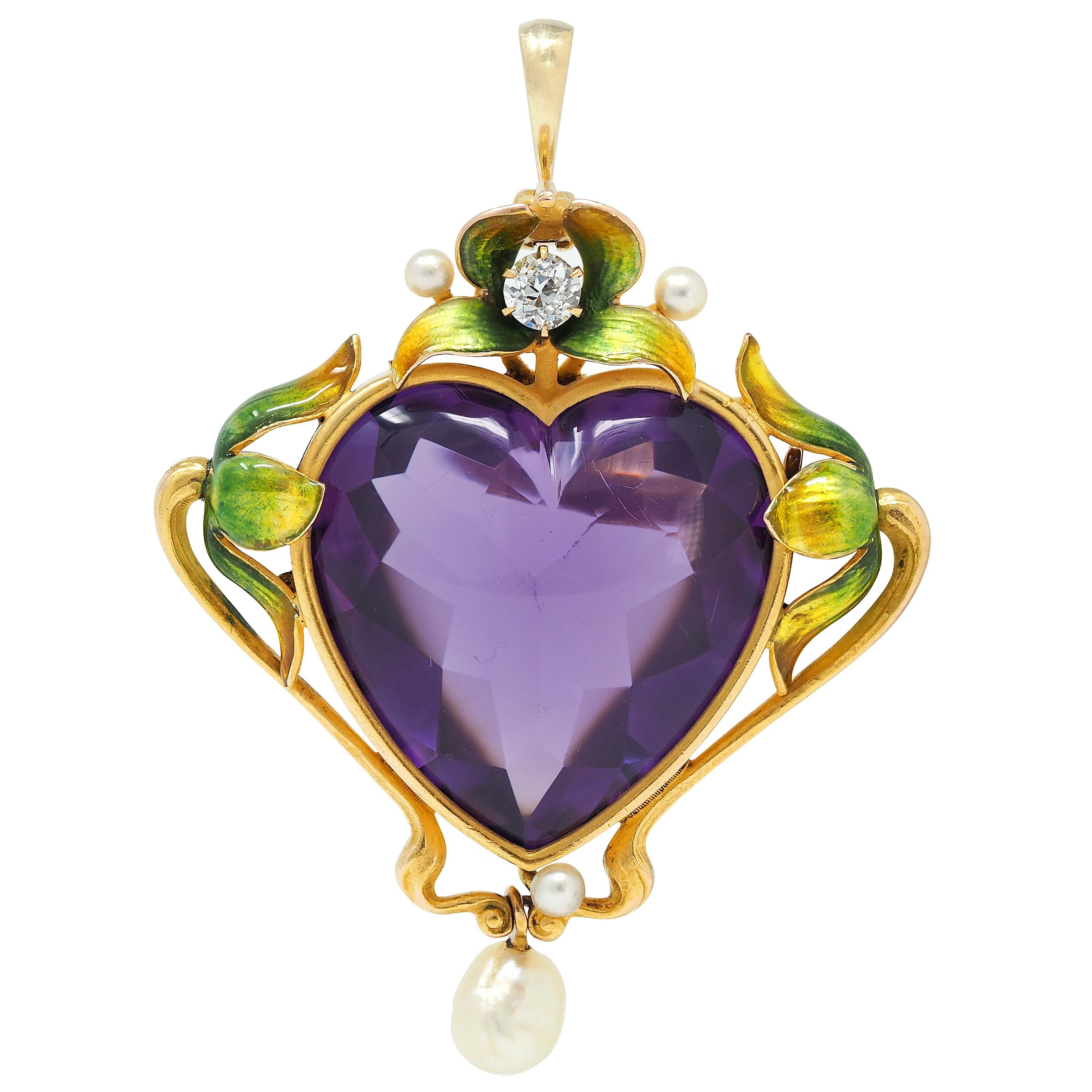 Art Nouveau Amethyst Pearl Enamel 18K Gold Antique Foliate Heart Pendant Brooch