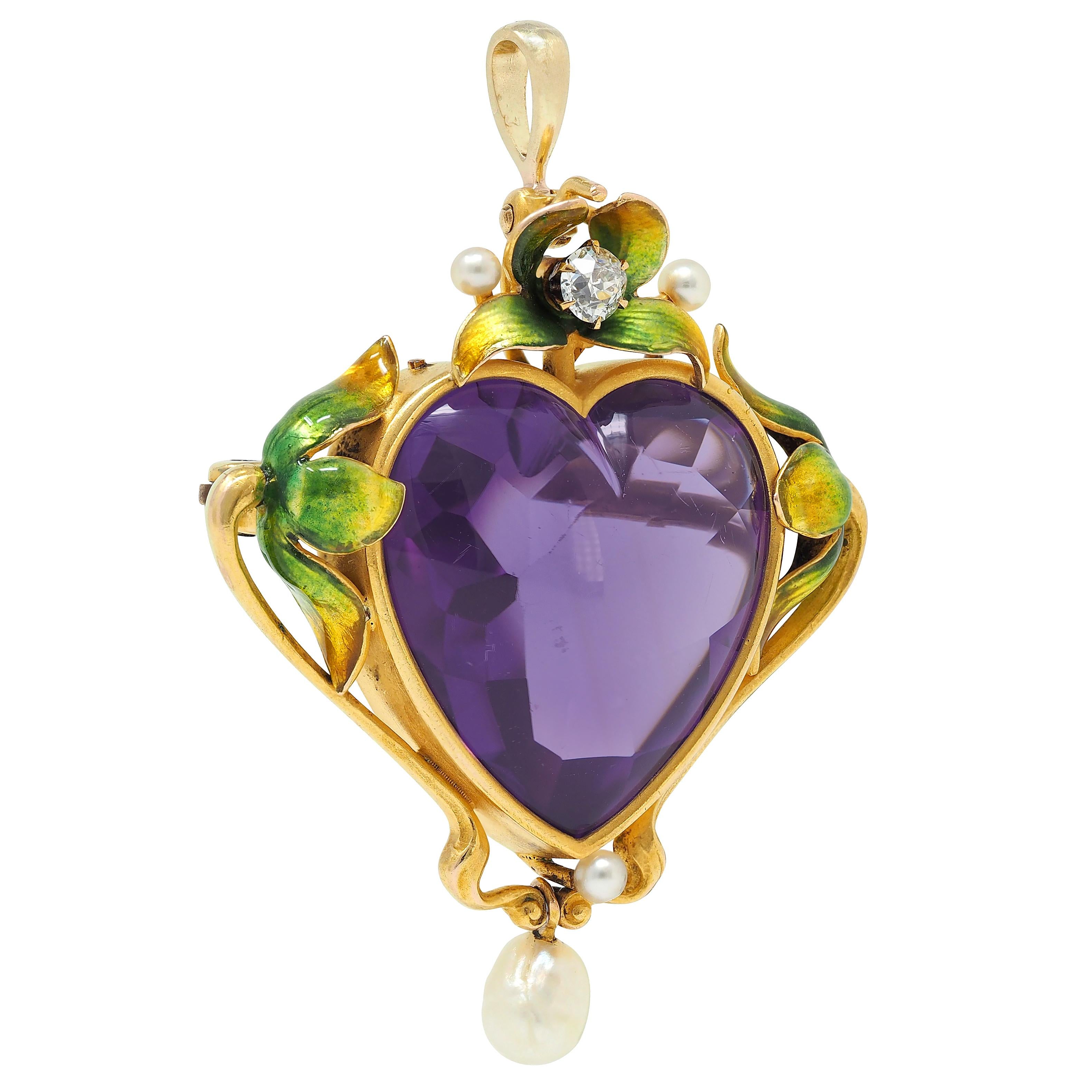 Art Nouveau Amethyst Pearl Enamel 18K Gold Antique Foliate Heart Pendant Brooch