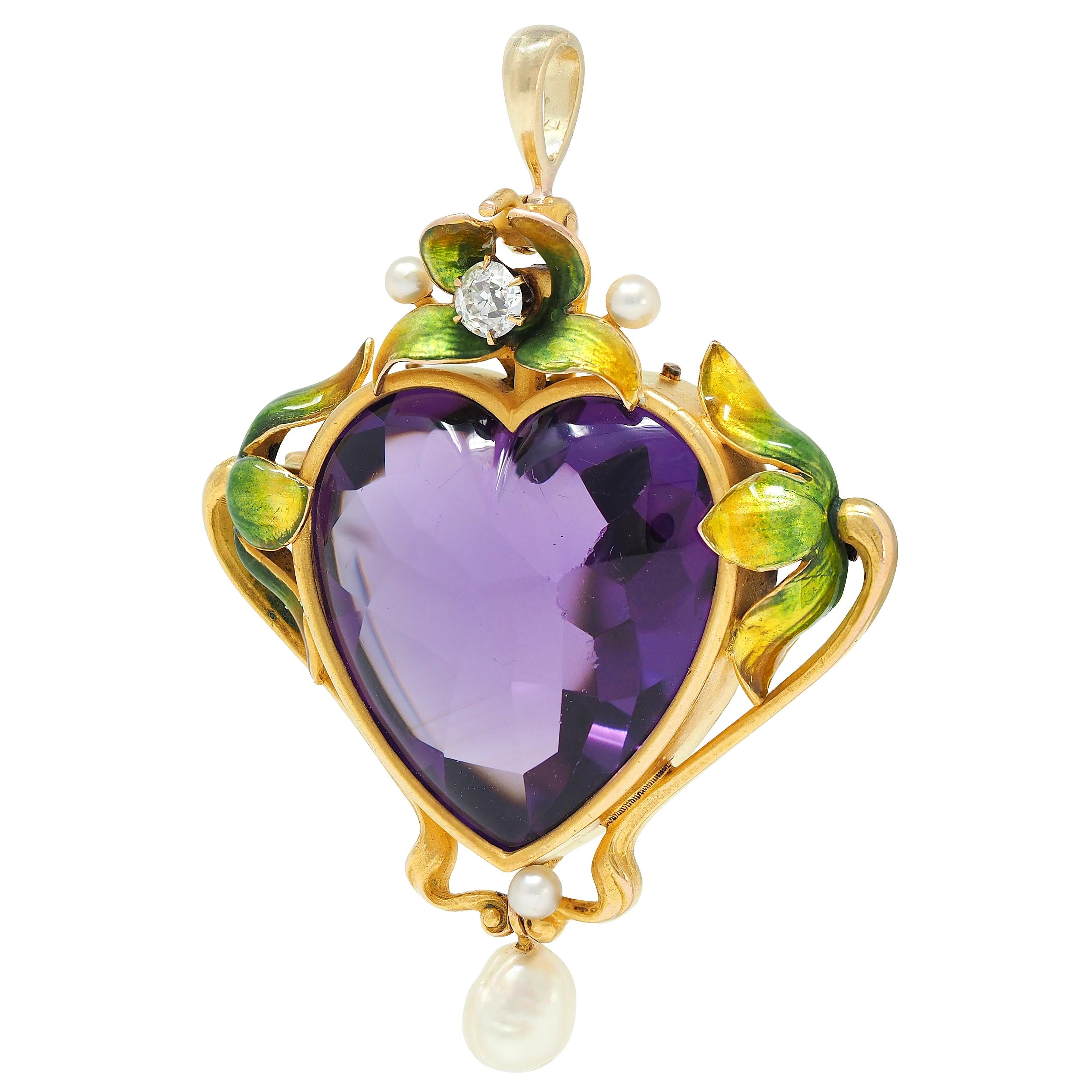 Art Nouveau Amethyst Pearl Enamel 18K Gold Antique Foliate Heart Pendant Brooch