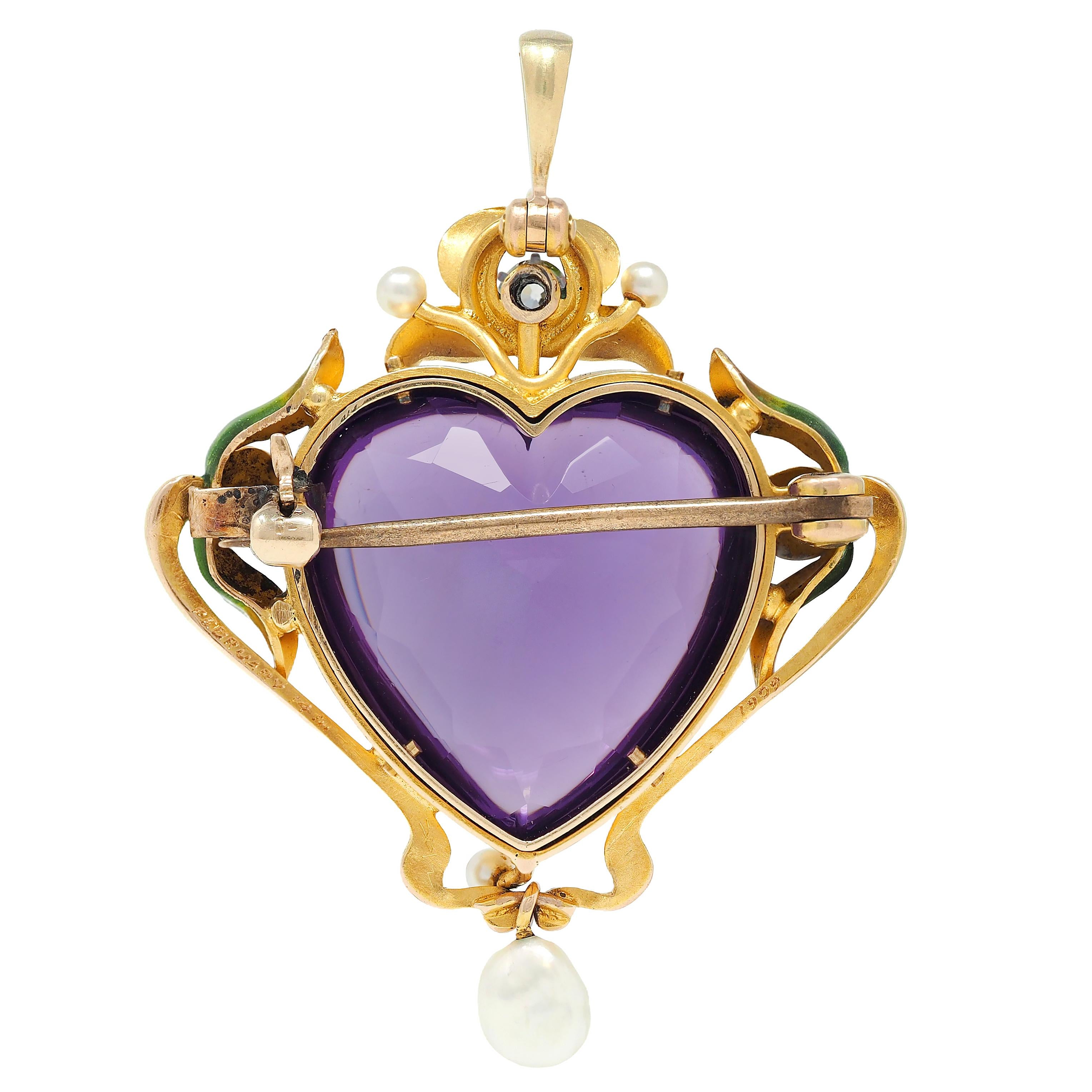 Art Nouveau Amethyst Pearl Enamel 18K Gold Antique Foliate Heart Pendant Brooch