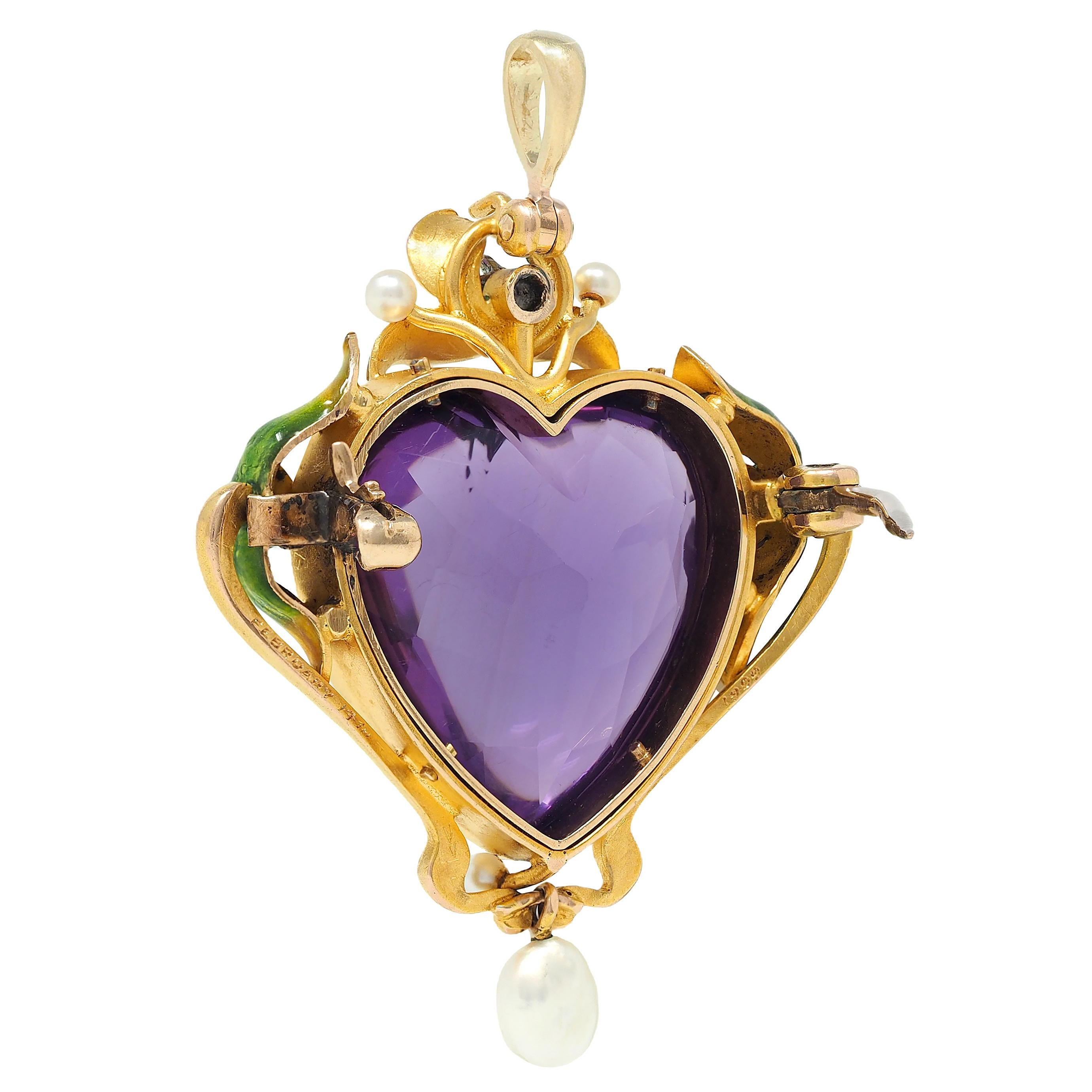 Art Nouveau Amethyst Pearl Enamel 18K Gold Antique Foliate Heart Pendant Brooch
