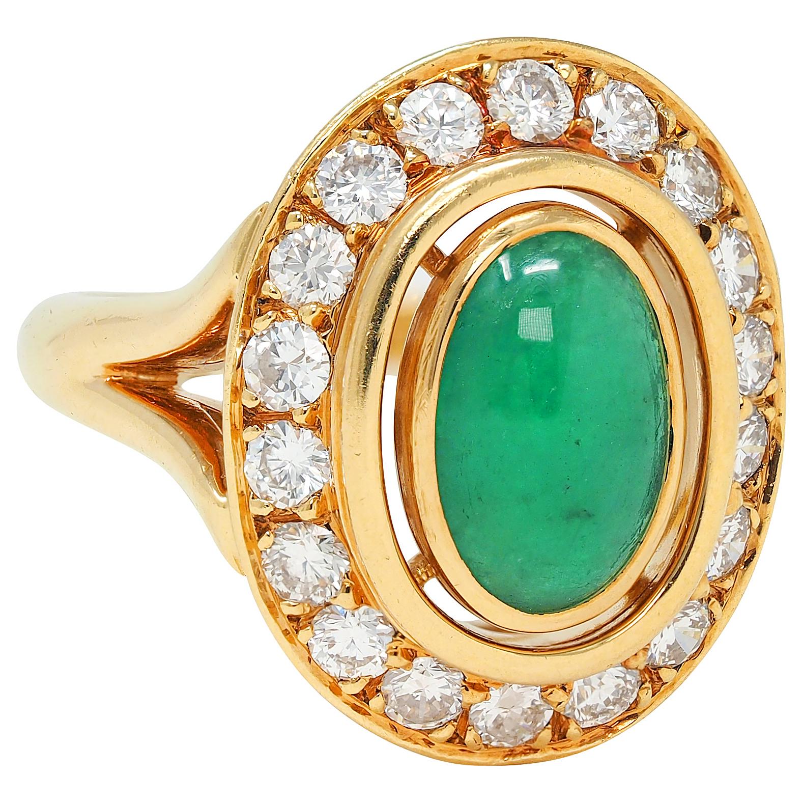 Cartier Paris 1960's Modern Cabochon Emerald Diamond 18K Gold Vintage Halo Ring