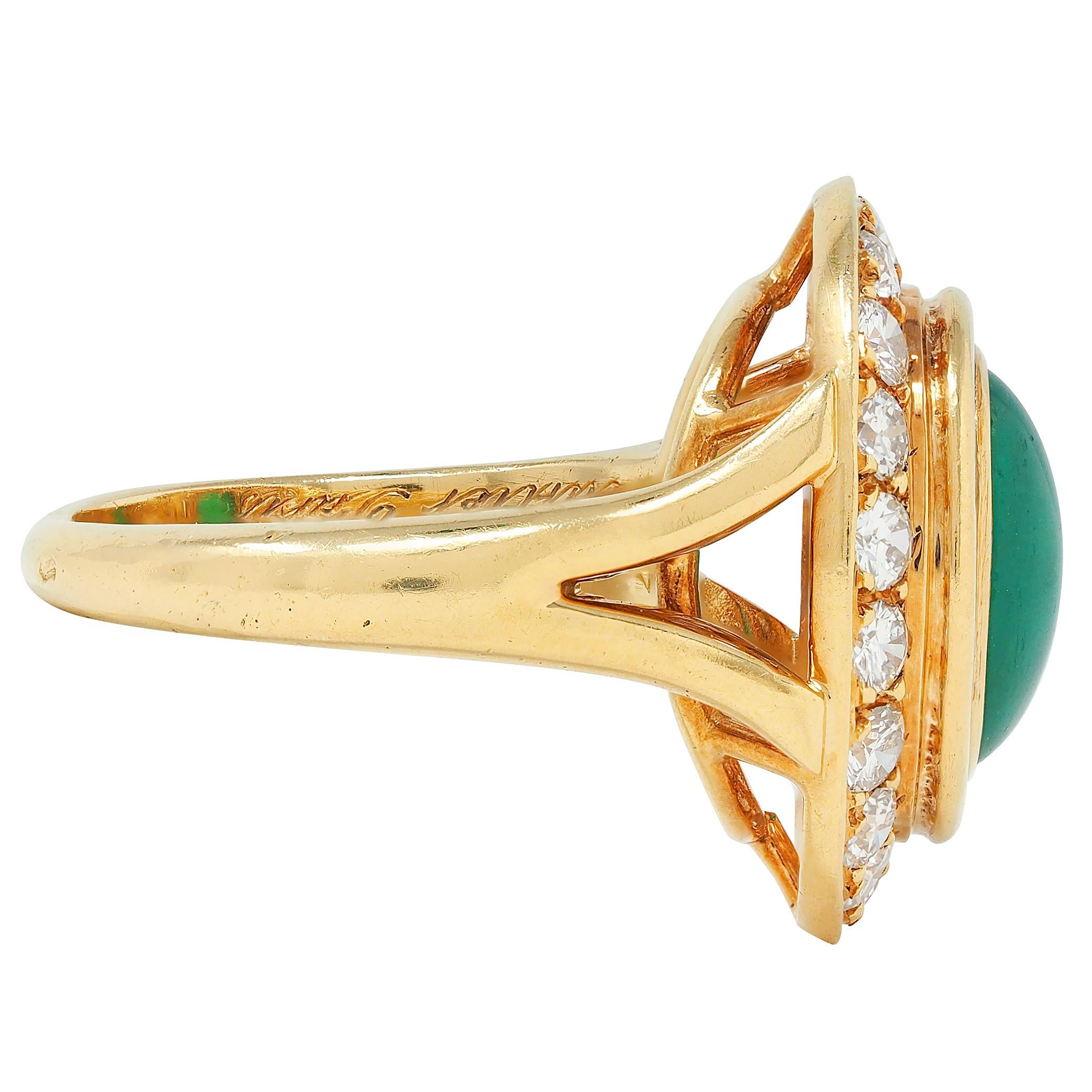 Cartier Paris 1960's Modern Cabochon Emerald Diamond 18K Gold Vintage Halo Ring