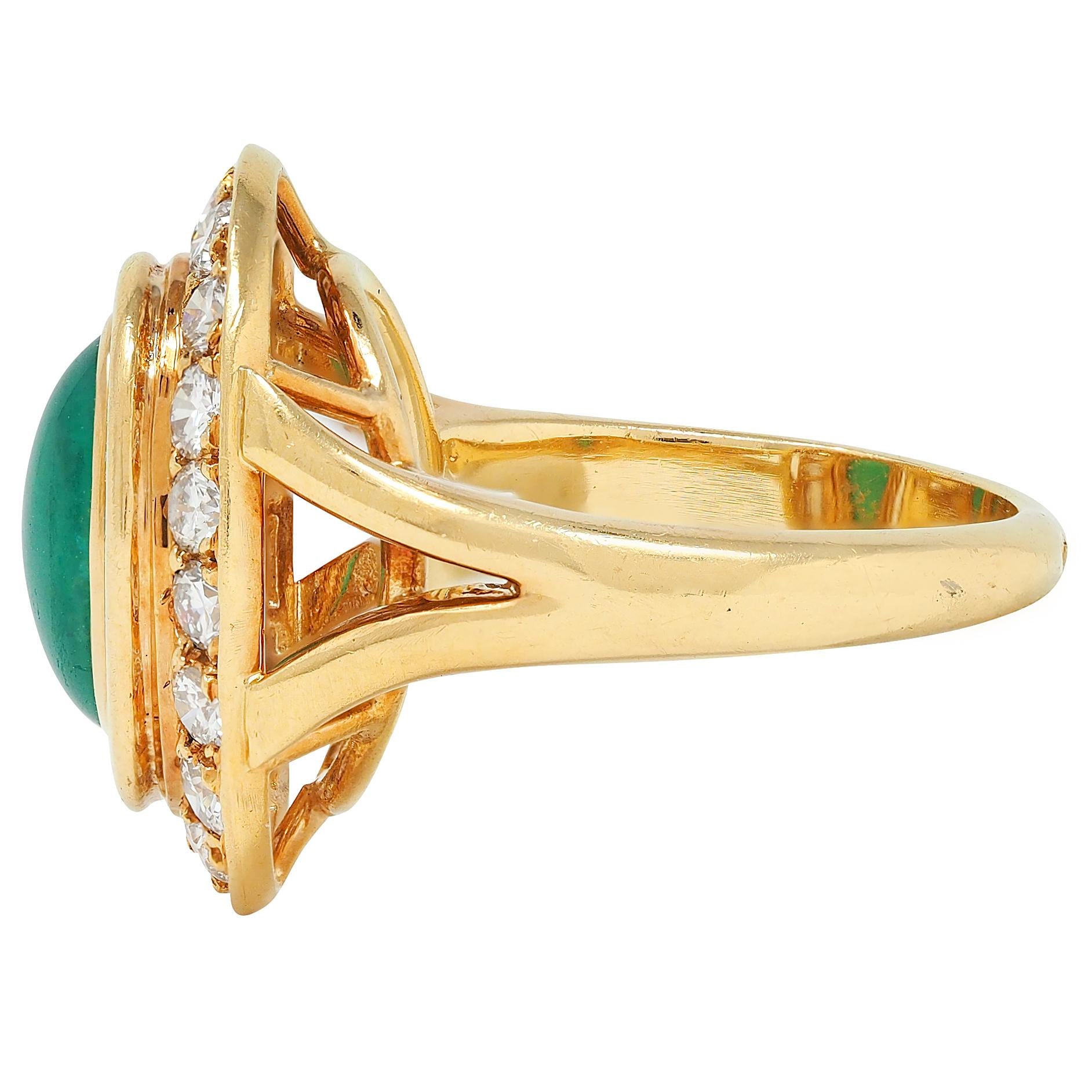 Cartier Paris 1960's Modern Cabochon Emerald Diamond 18K Gold Vintage Halo Ring