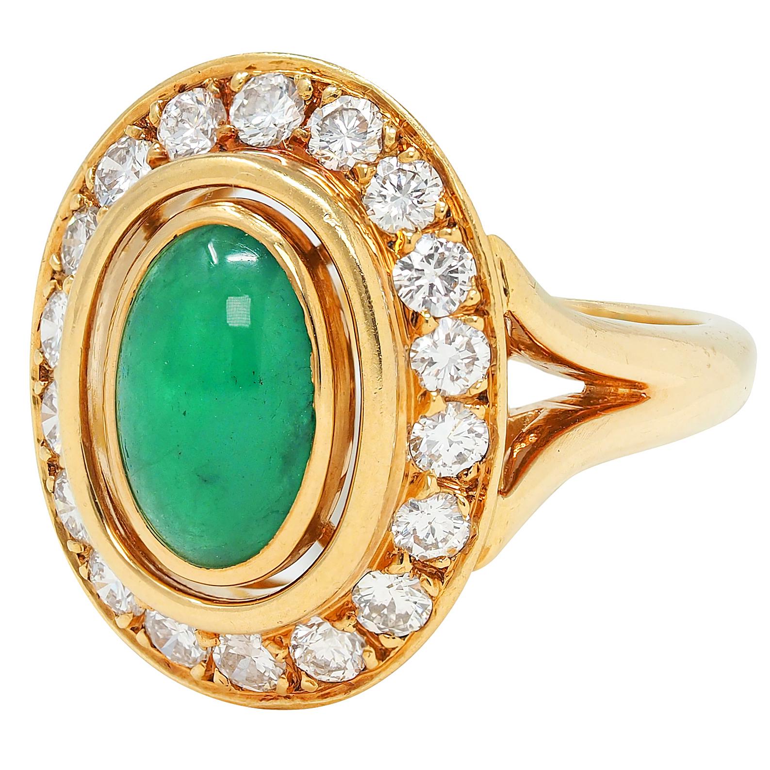 Cartier Paris 1960's Modern Cabochon Emerald Diamond 18K Gold Vintage Halo Ring
