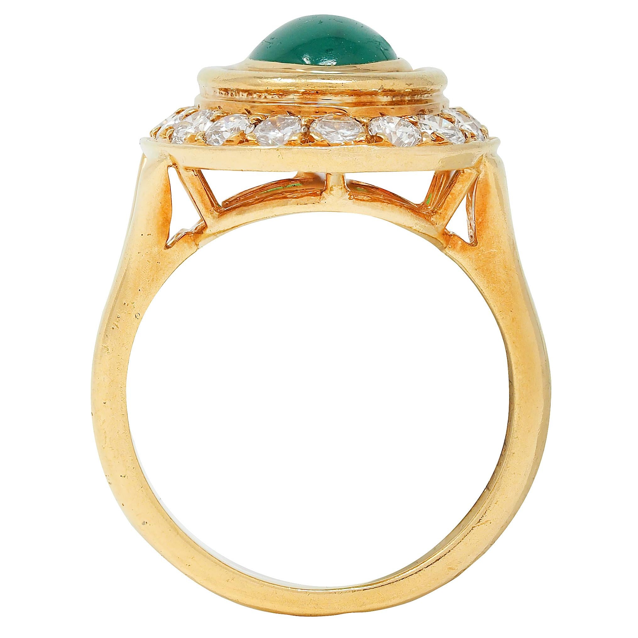 Cartier Paris 1960's Modern Cabochon Emerald Diamond 18K Gold Vintage Halo Ring