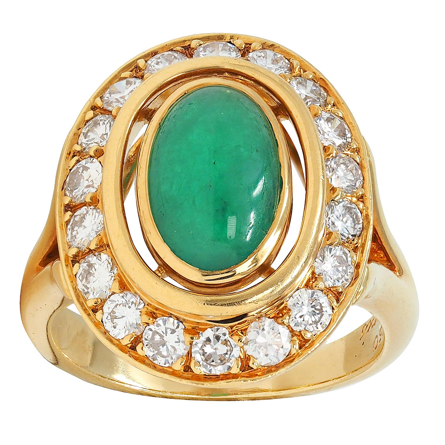 Cartier Paris 1960's Modern Cabochon Emerald Diamond 18K Gold Vintage Halo Ring