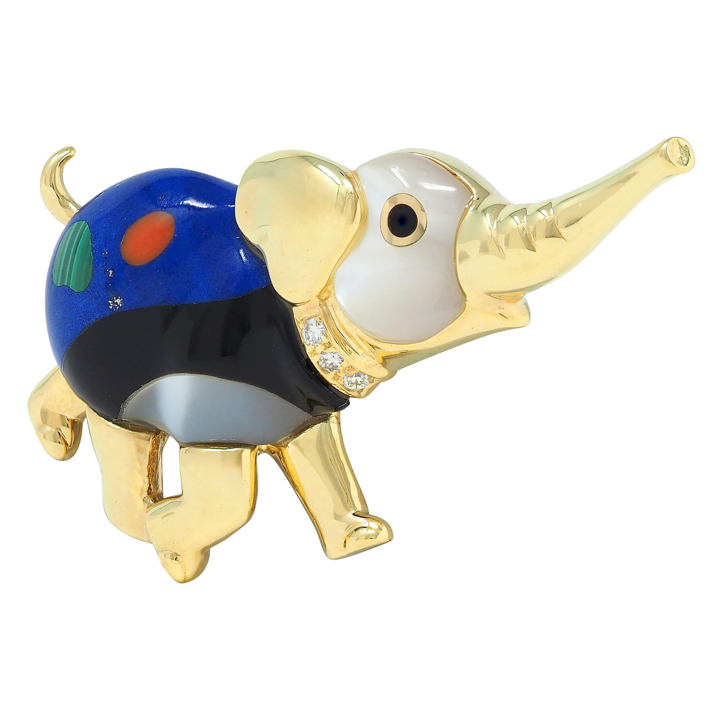 1980's Multi-Gem Diamond Diamond 14 Karat Gold Vintage Inlay Elephant Brooch
