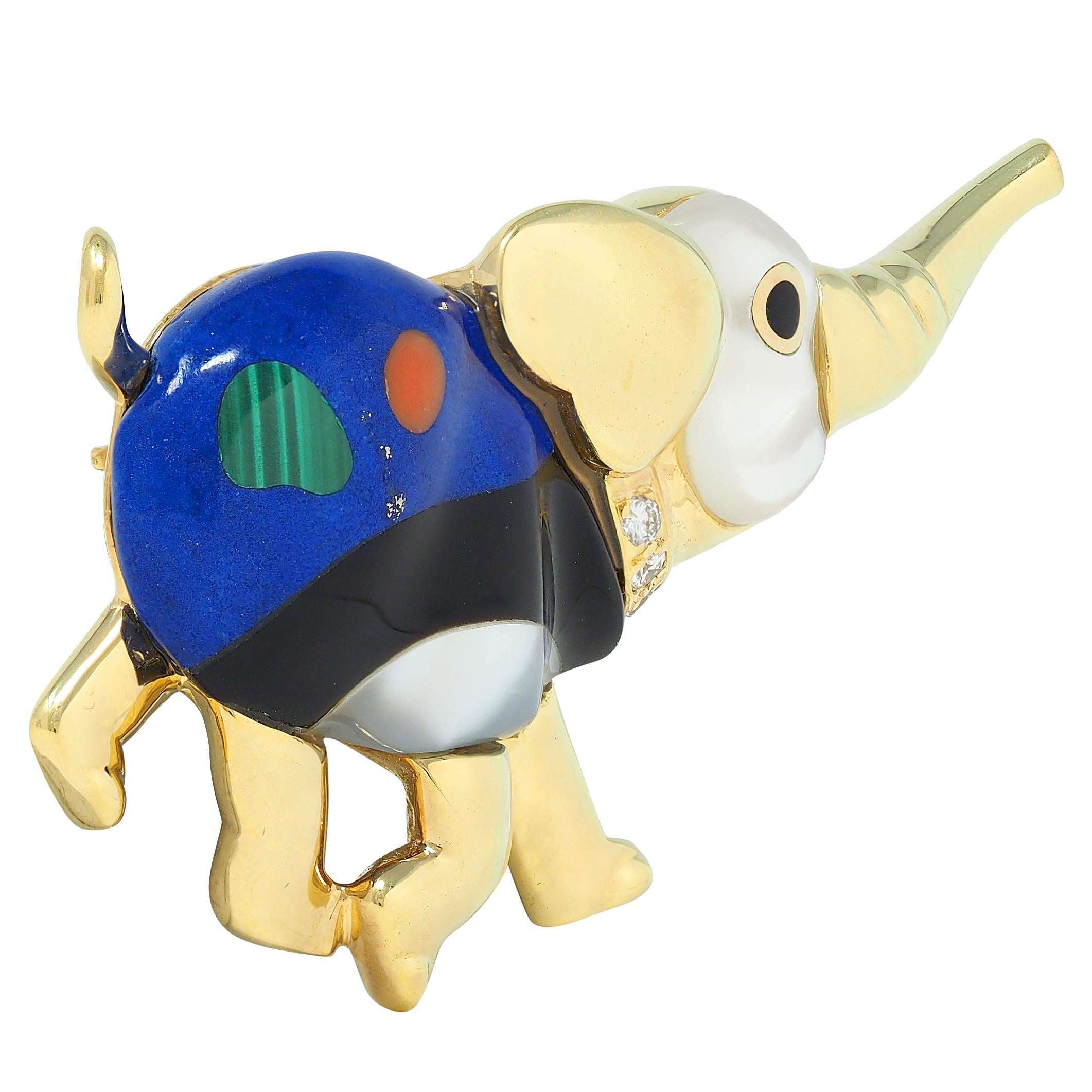 1980's Multi-Gem Diamond Diamond 14 Karat Gold Vintage Inlay Elephant Brooch