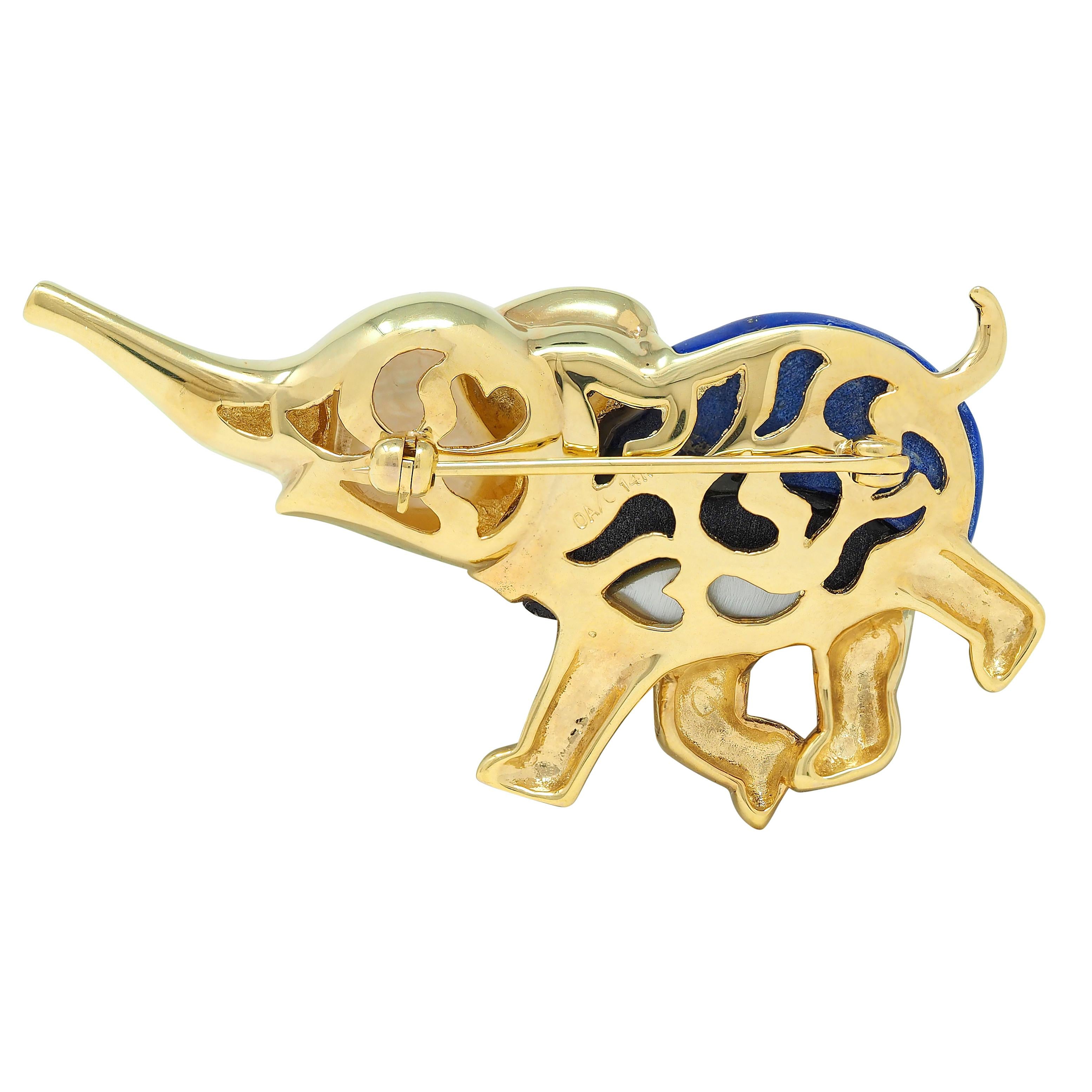 1980's Multi-Gem Diamond Diamond 14 Karat Gold Vintage Inlay Elephant Brooch