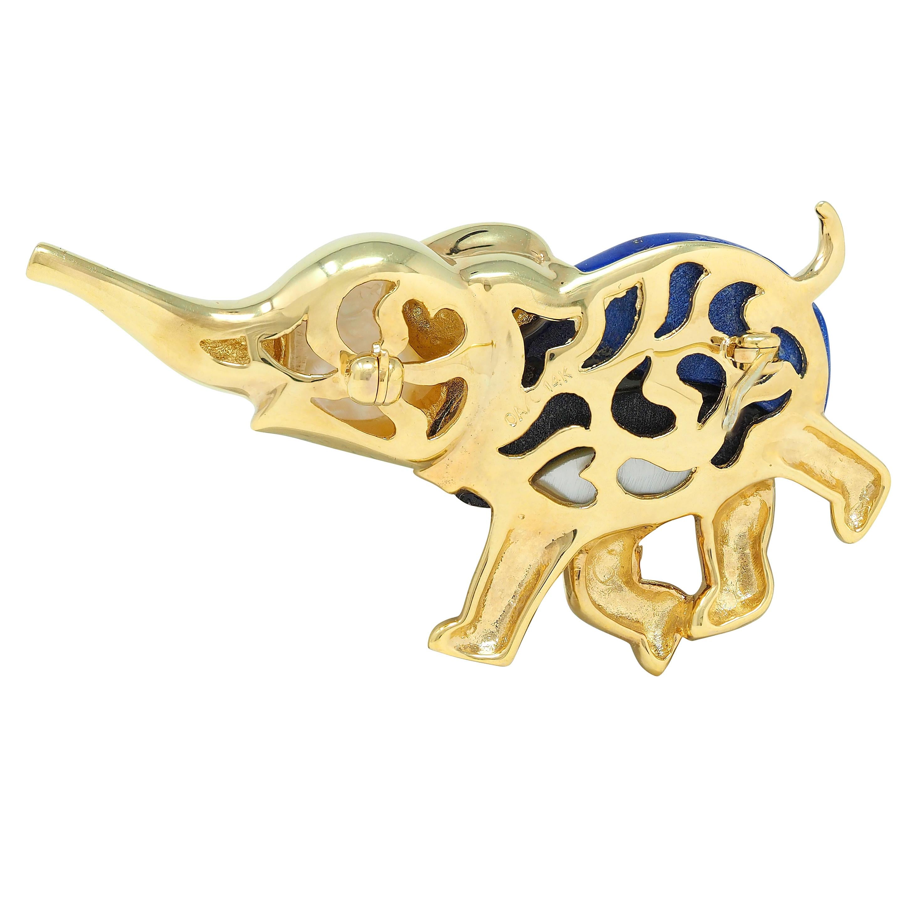 1980's Multi-Gem Diamond Diamond 14 Karat Gold Vintage Inlay Elephant Brooch
