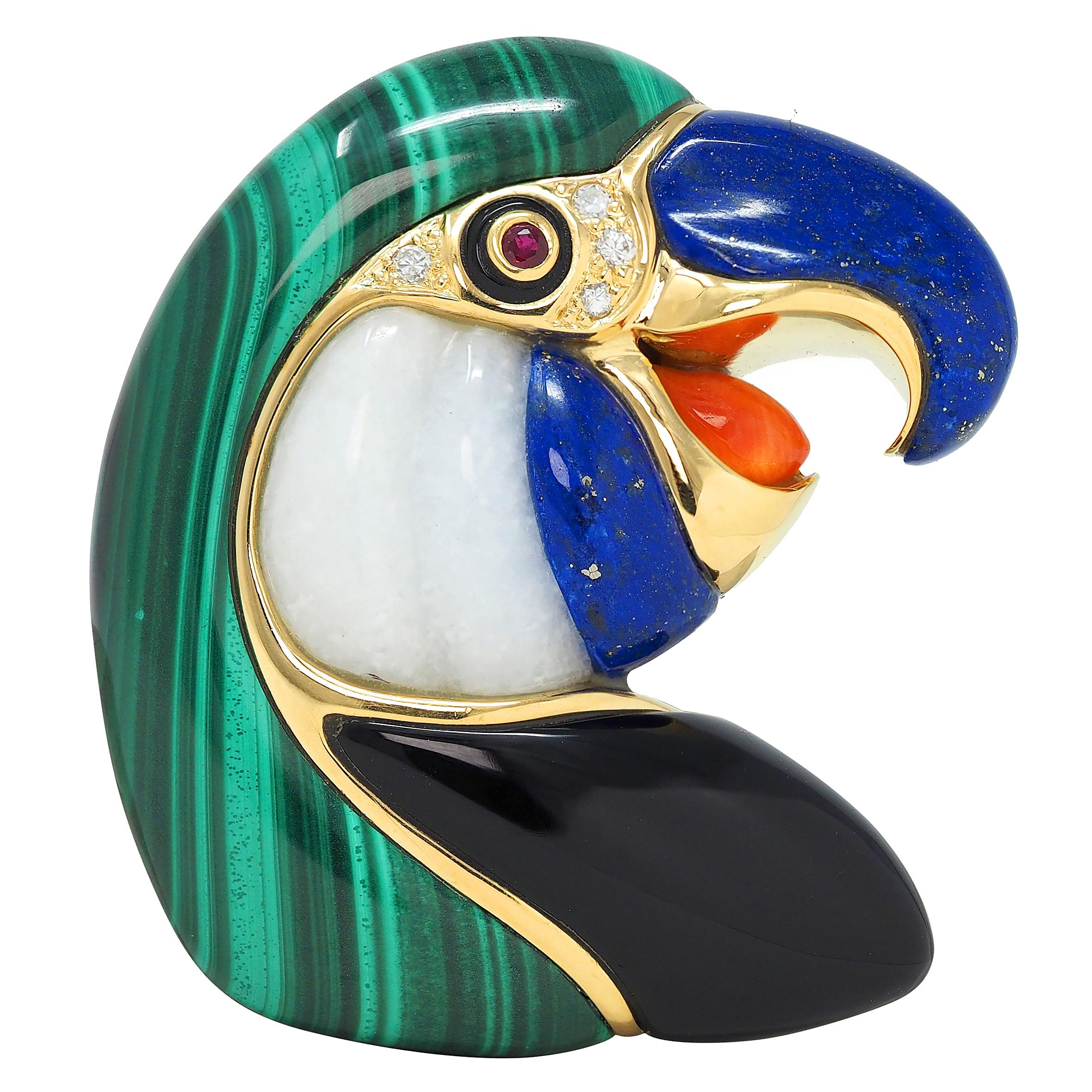 1980's Multi-Gem Diamond 18K Gold Vintage Inlay Parrot Bird Brooch