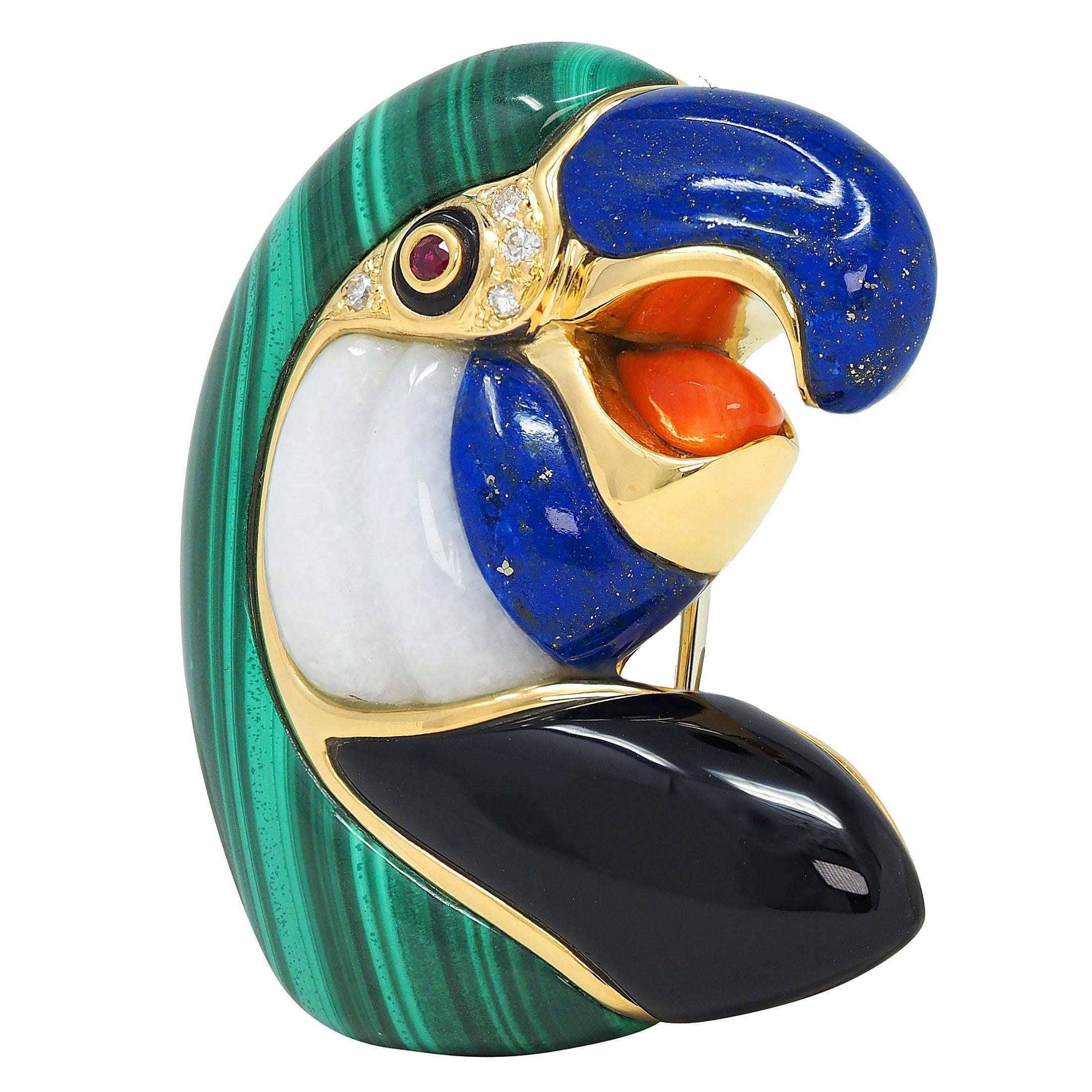 1980's Multi-Gem Diamond 18K Gold Vintage Inlay Parrot Bird Brooch