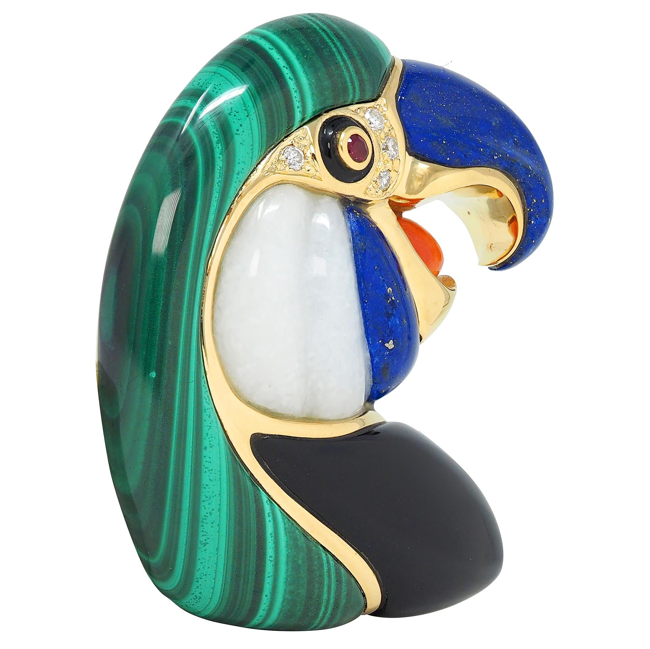 1980's Multi-Gem Diamond 18K Gold Vintage Inlay Parrot Bird Brooch