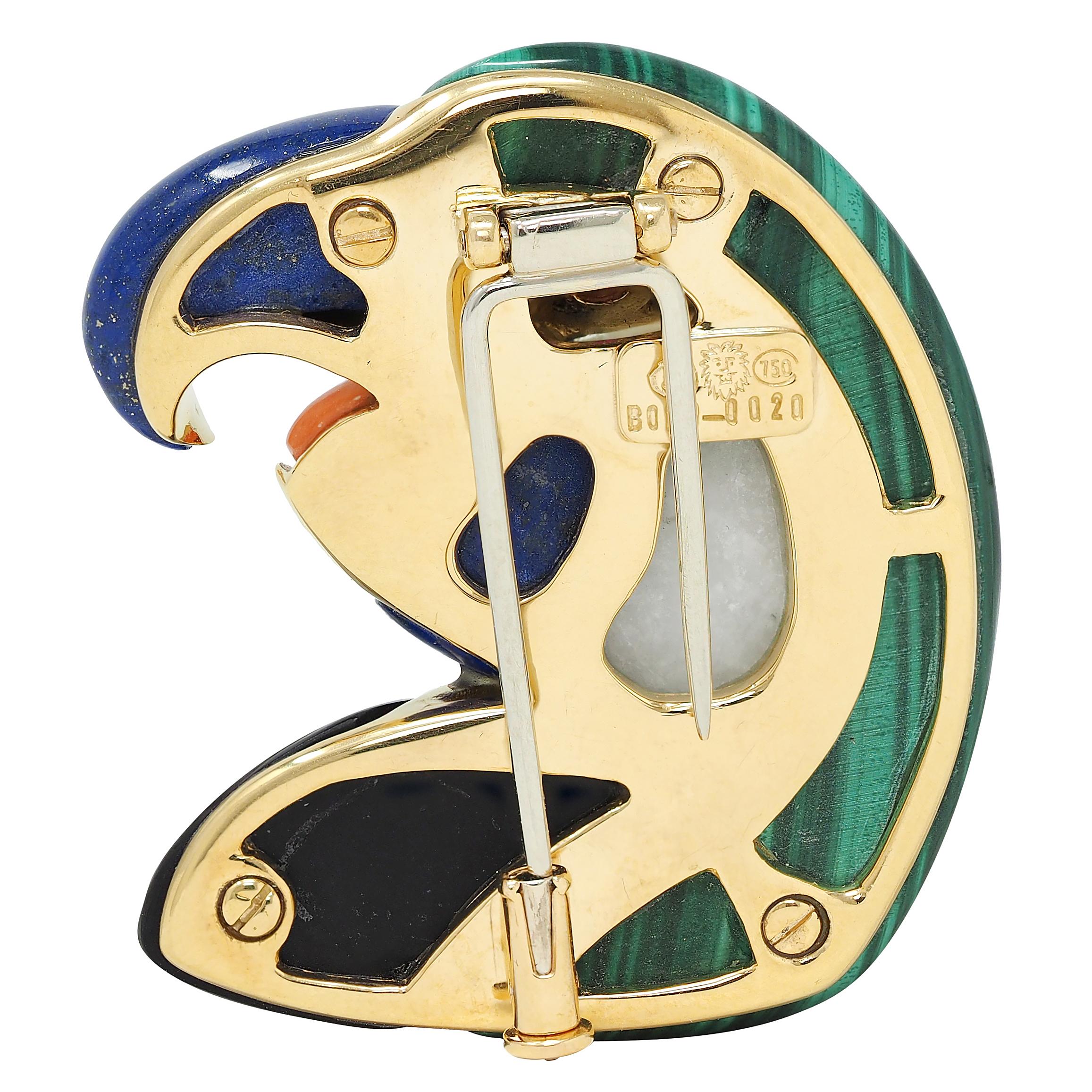 1980's Multi-Gem Diamond 18K Gold Vintage Inlay Parrot Bird Brooch