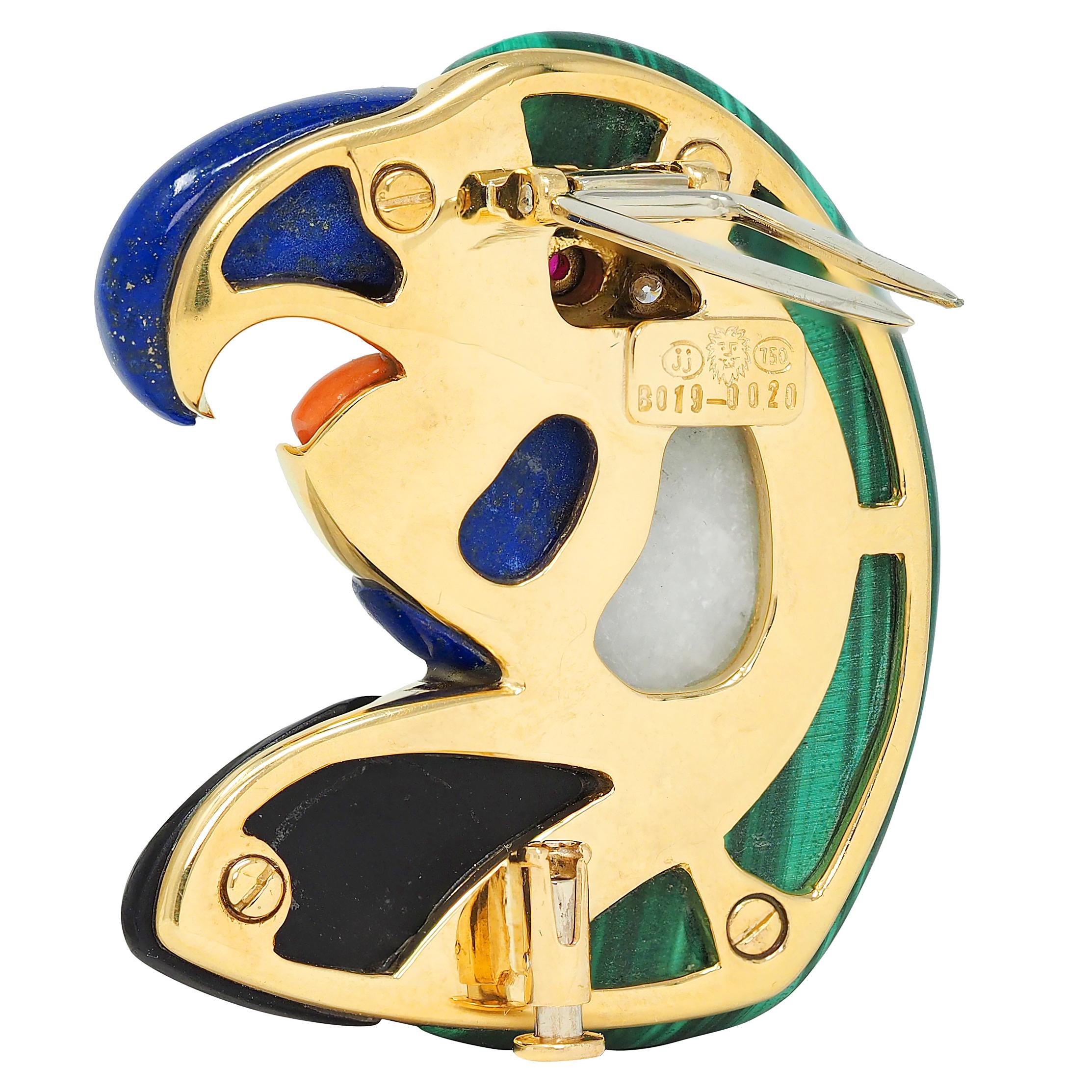 1980's Multi-Gem Diamond 18K Gold Vintage Inlay Parrot Bird Brooch