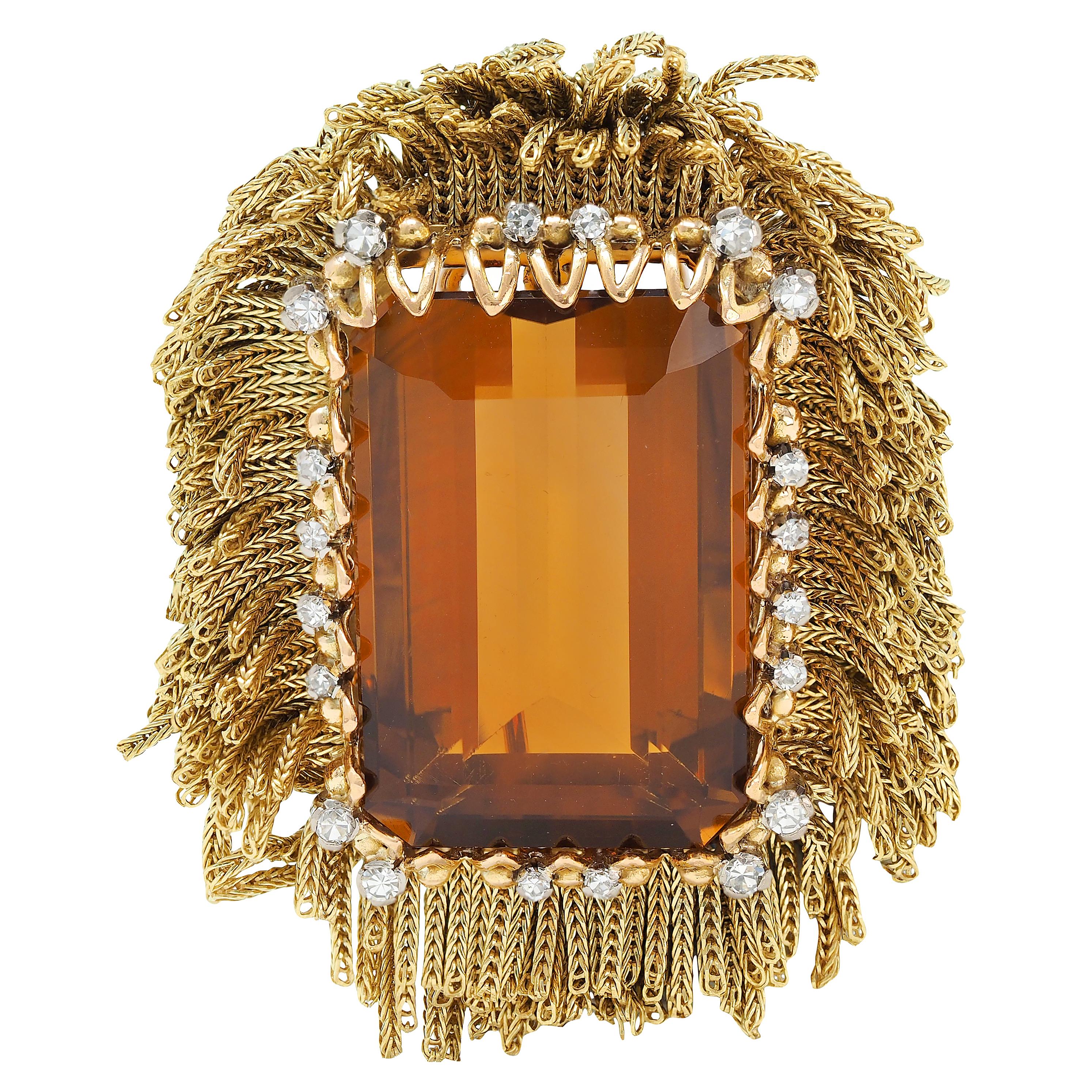 1960's Vintage 30.76 CTW Citrine Diamond 18K Tri-Colored Gold Cluster Brooch