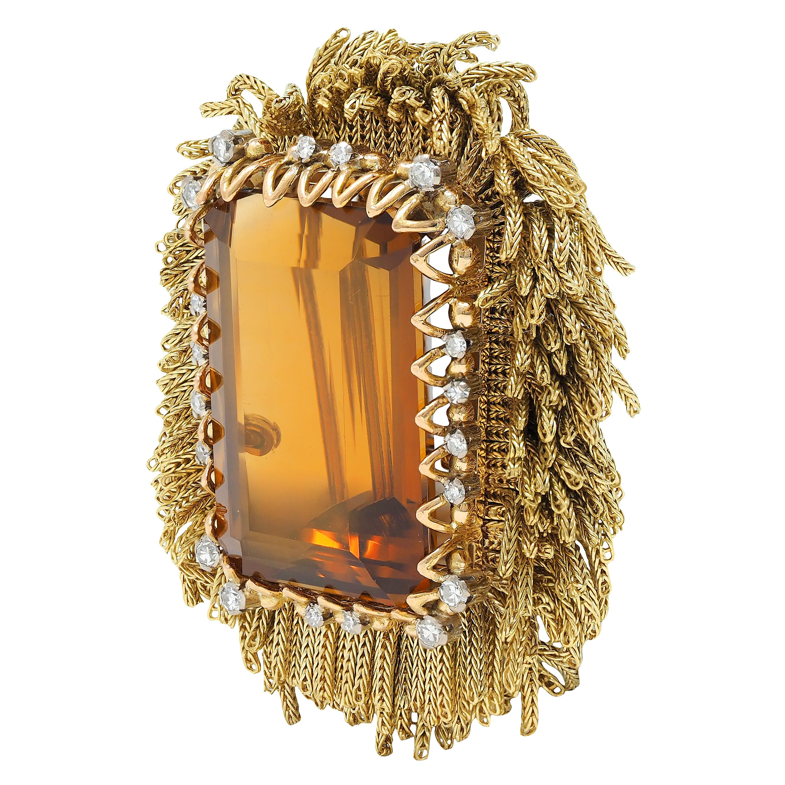1960's Vintage 30.76 CTW Citrine Diamond 18K Tri-Colored Gold Cluster Brooch