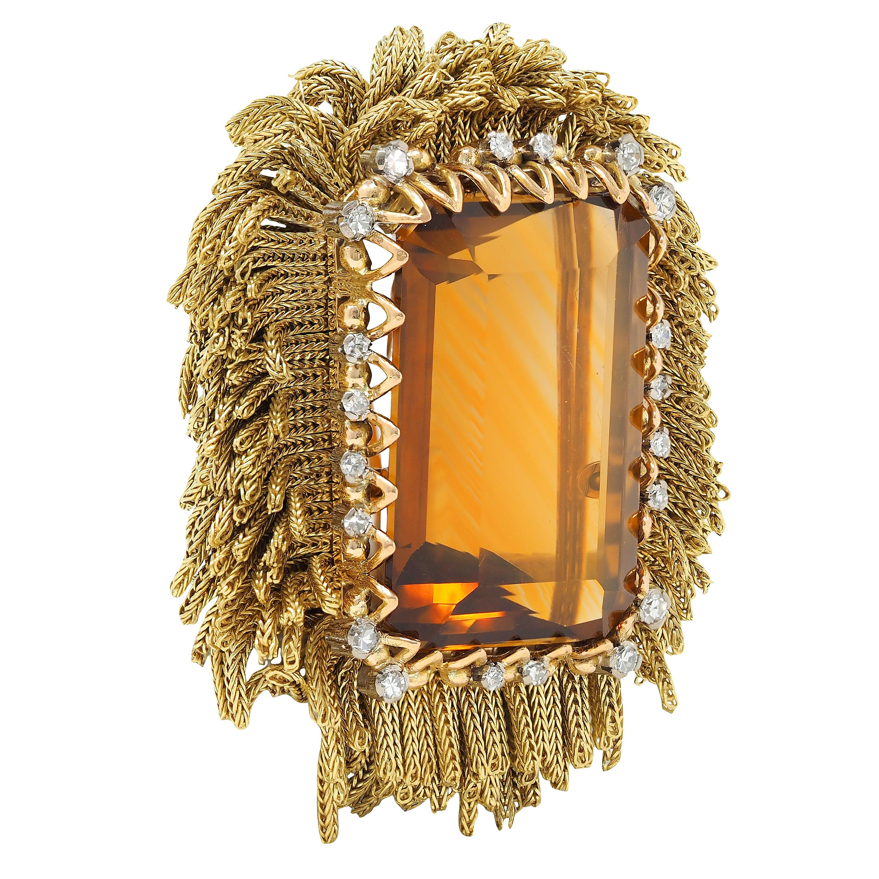 1960's Vintage 30.76 CTW Citrine Diamond 18K Tri-Colored Gold Cluster Brooch