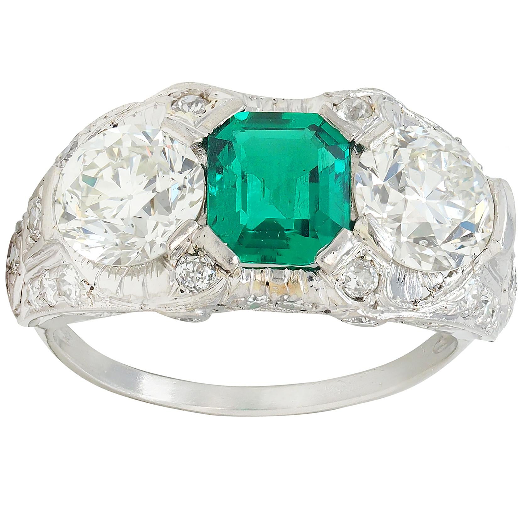 Art Deco 5.65 CTW Colombian Emerald Diamond Platinum Vintage Ring AGL
