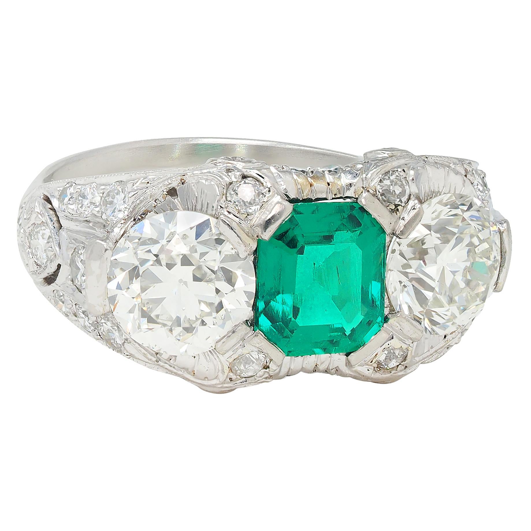 Art Deco 5.65 CTW Colombian Emerald Diamond Platinum Vintage Ring AGL