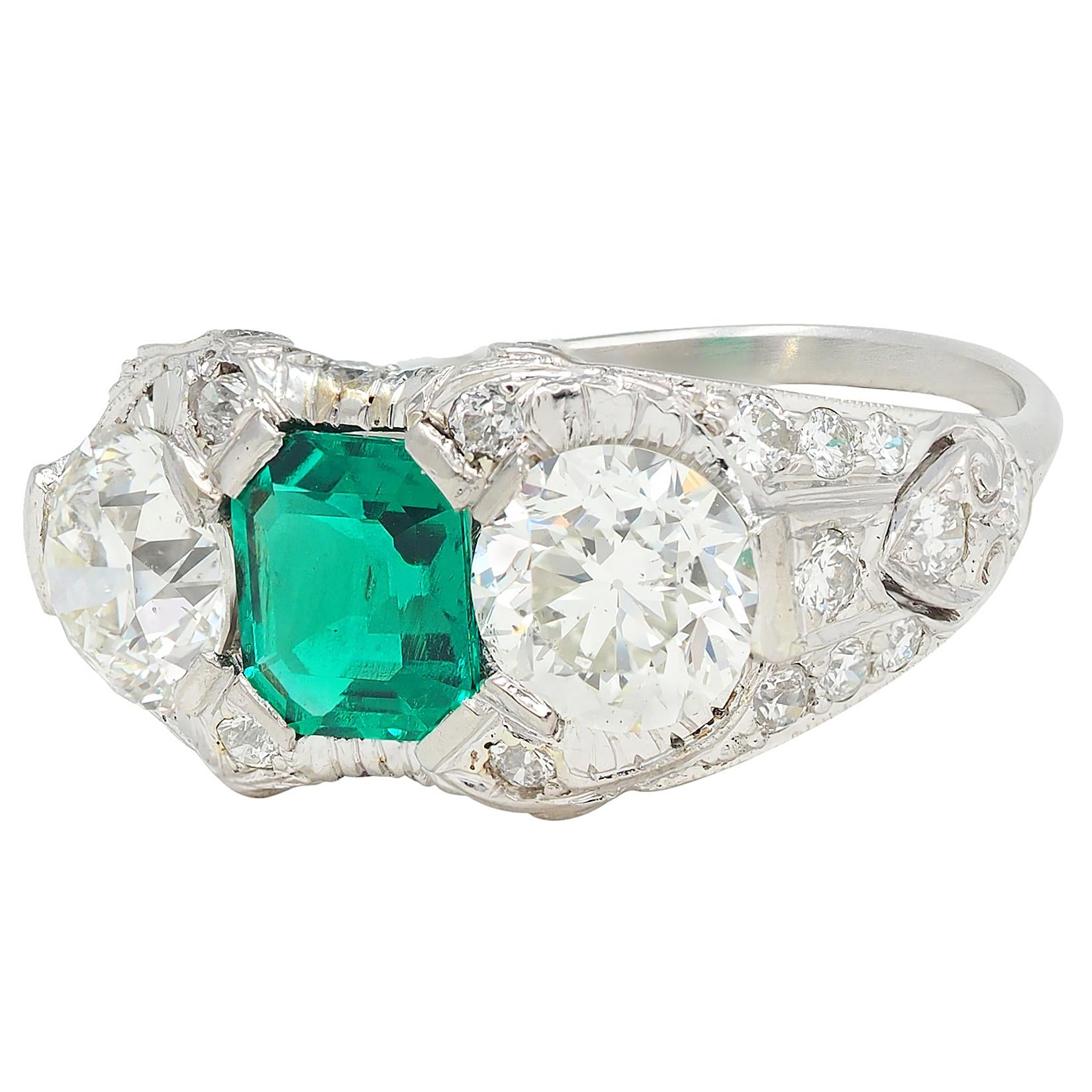 Art Deco 5.65 CTW Colombian Emerald Diamond Platinum Vintage Ring AGL