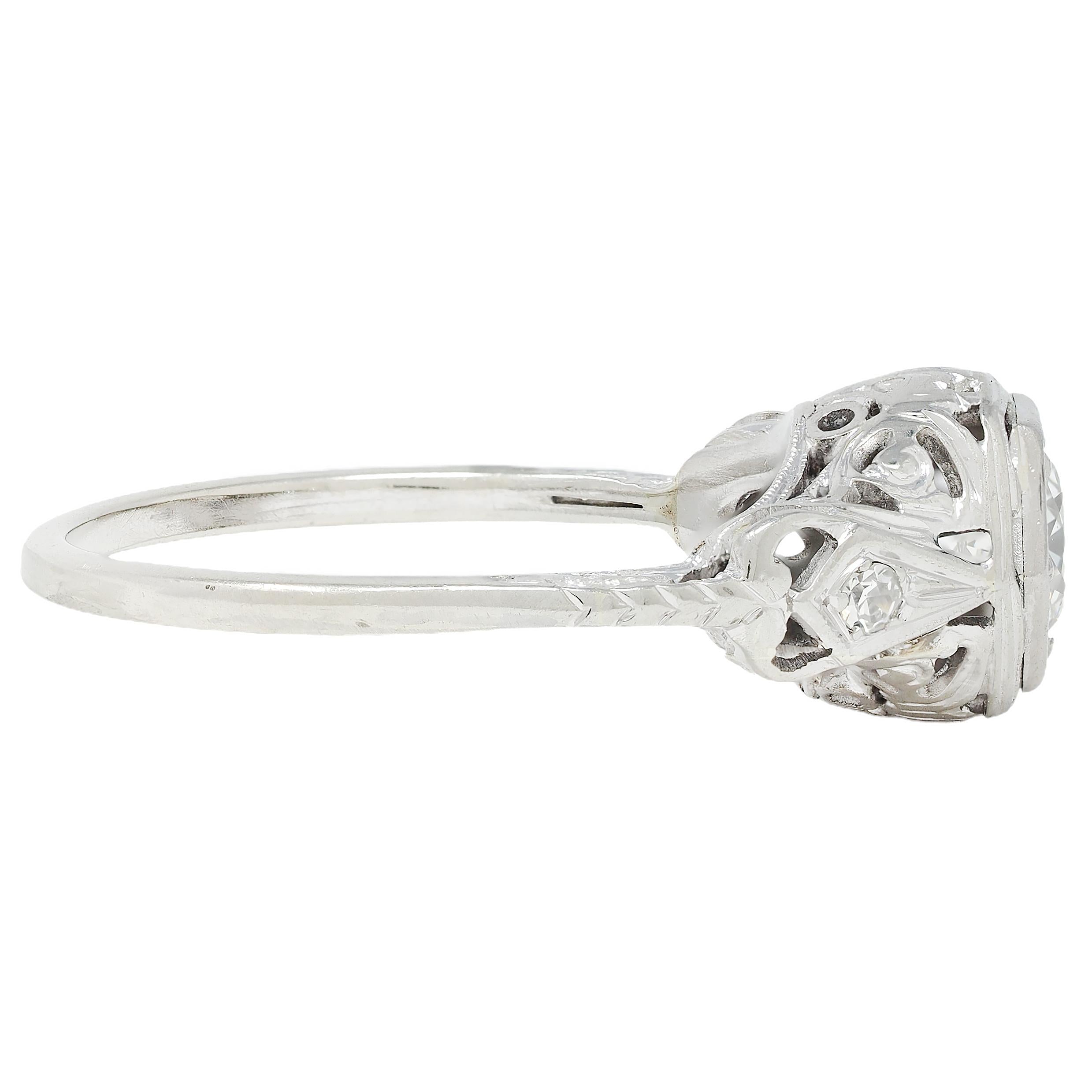 Art Deco Old European Cut Diamond 14 Karat White Gold Vintage Engagement Ring