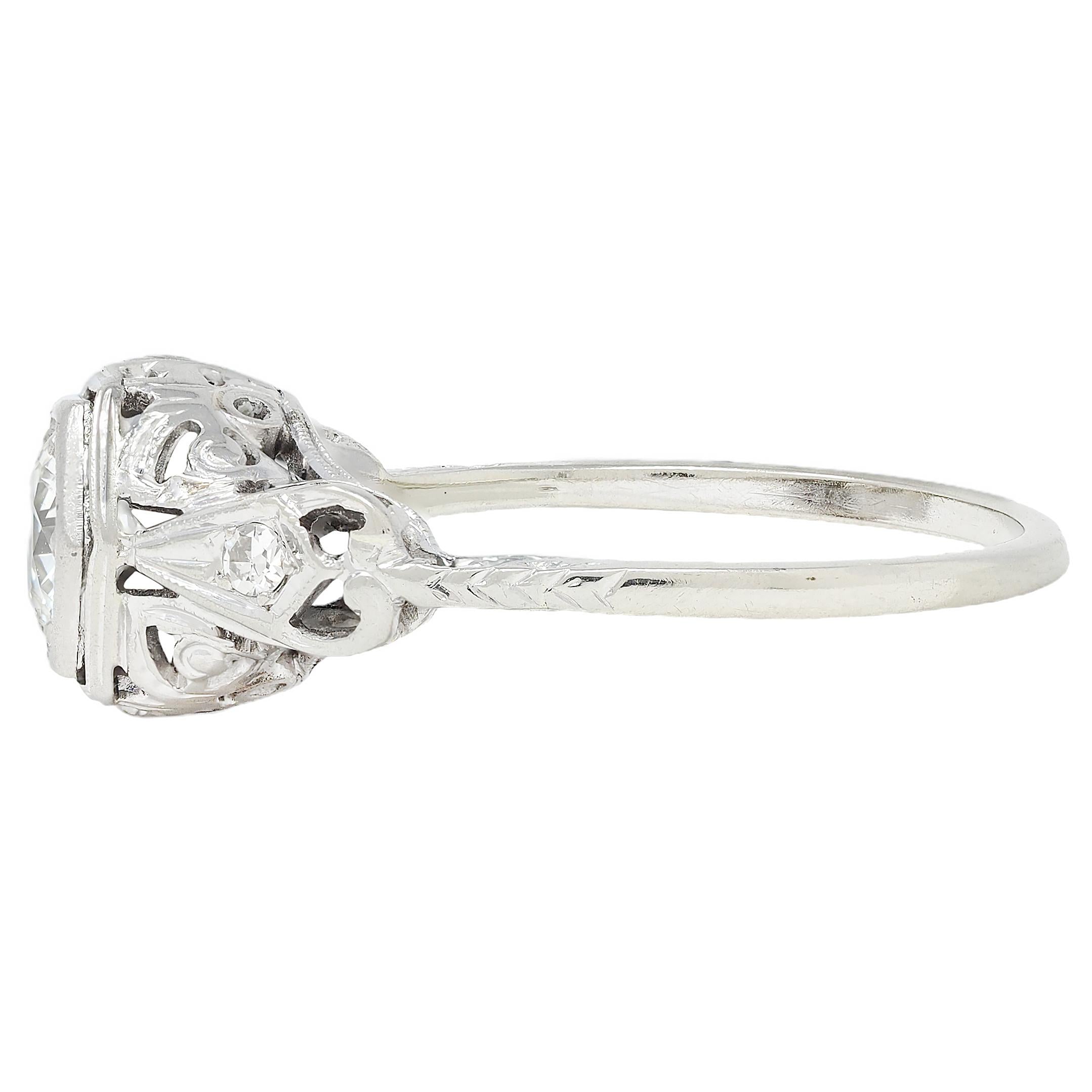 Art Deco Old European Cut Diamond 14 Karat White Gold Vintage Engagement Ring