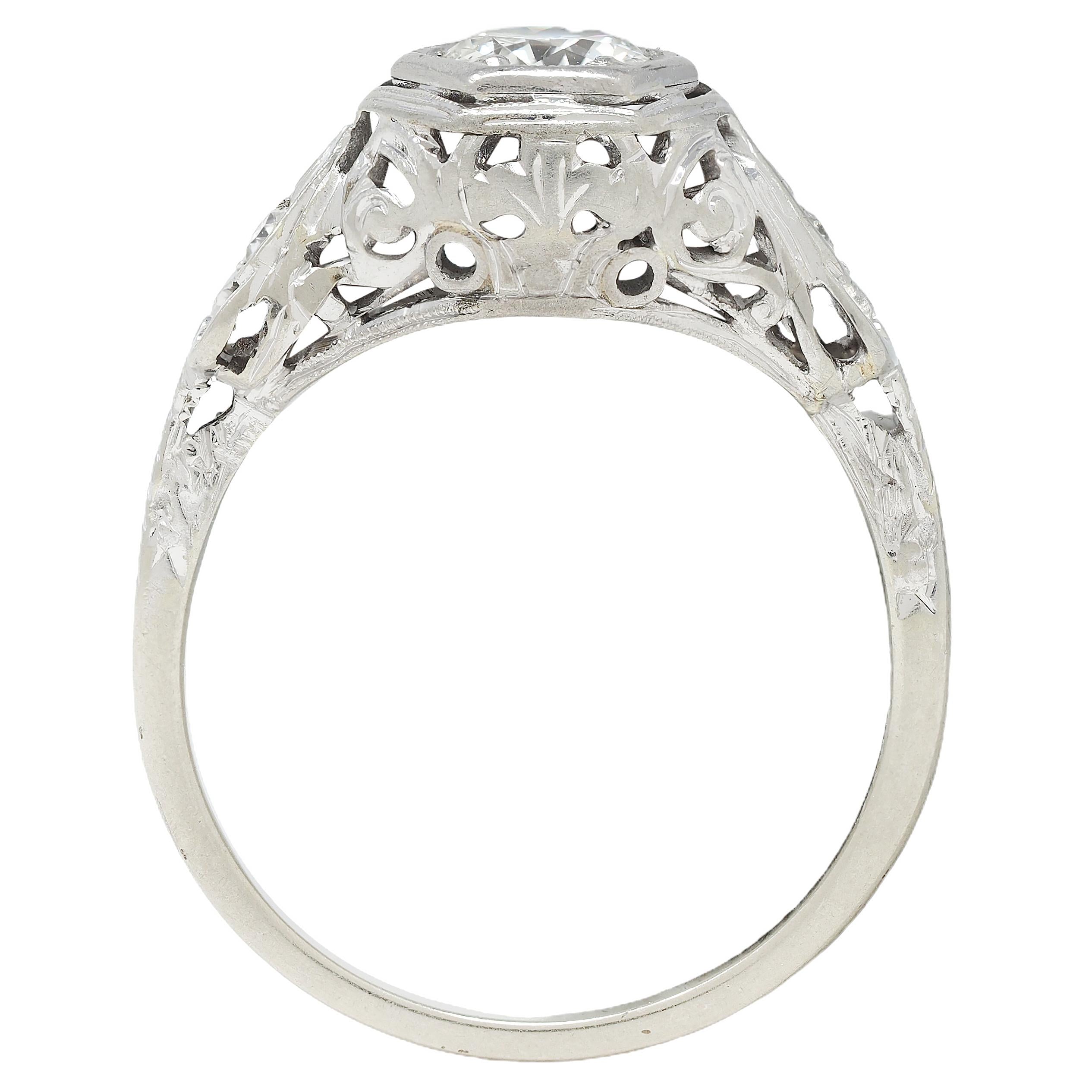 Art Deco Old European Cut Diamond 14 Karat White Gold Vintage Engagement Ring