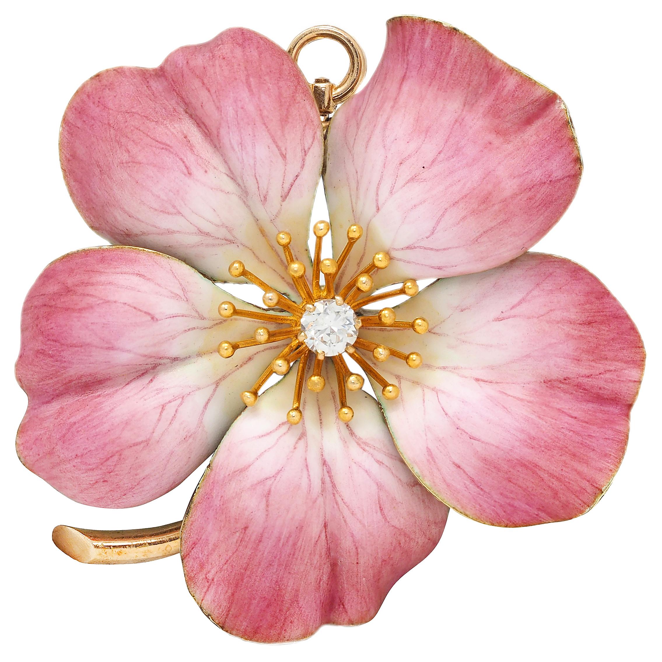 Art Nouveau Painted Enamel Diamond 14K Gold Antique Flower Pendant Brooch