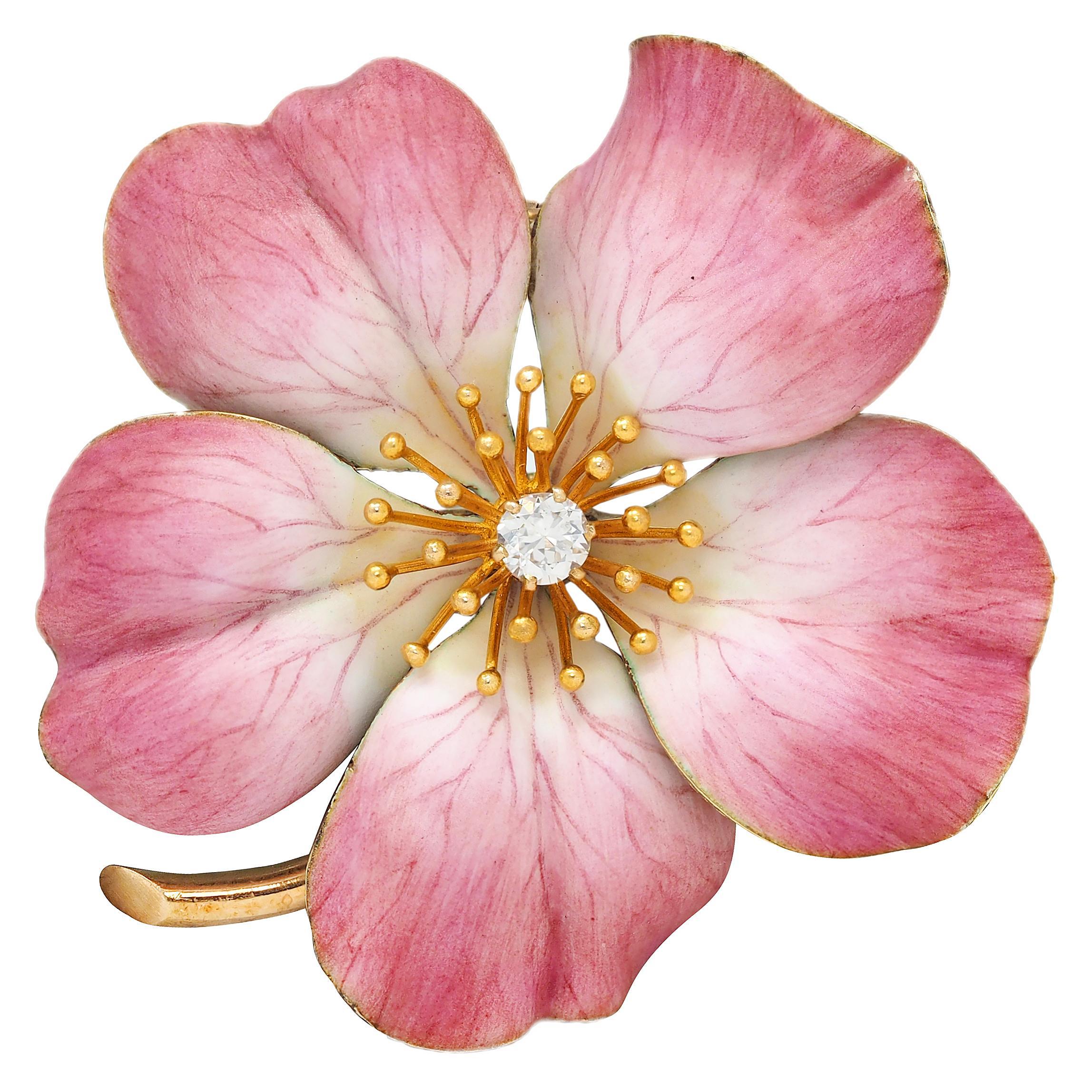Art Nouveau Painted Enamel Diamond 14K Gold Antique Flower Pendant Brooch