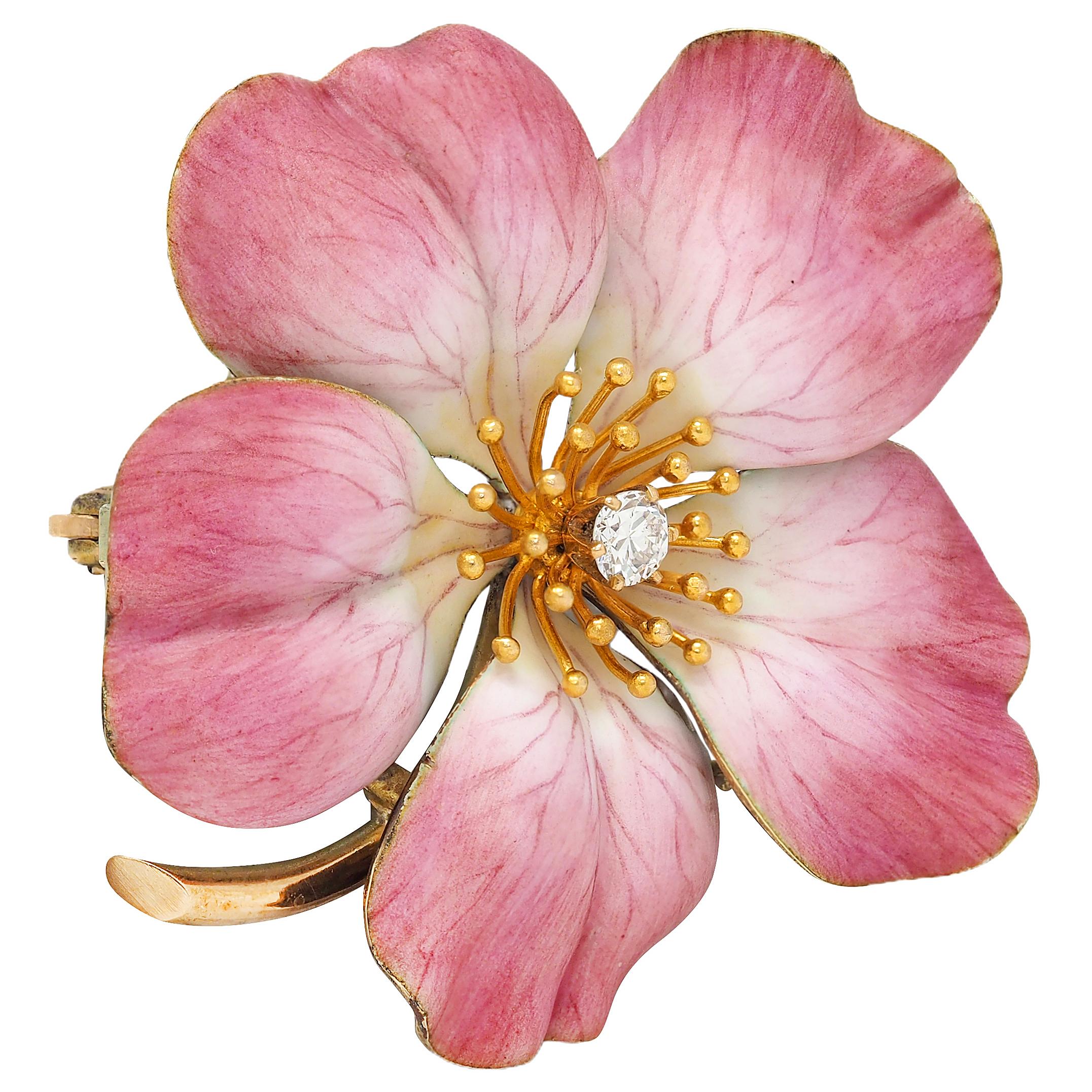Art Nouveau Painted Enamel Diamond 14K Gold Antique Flower Pendant Brooch