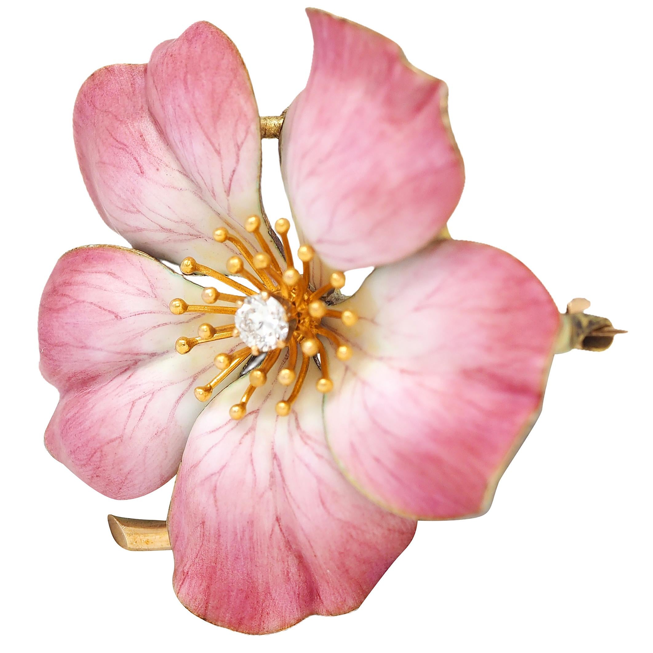 Art Nouveau Painted Enamel Diamond 14K Gold Antique Flower Pendant Brooch
