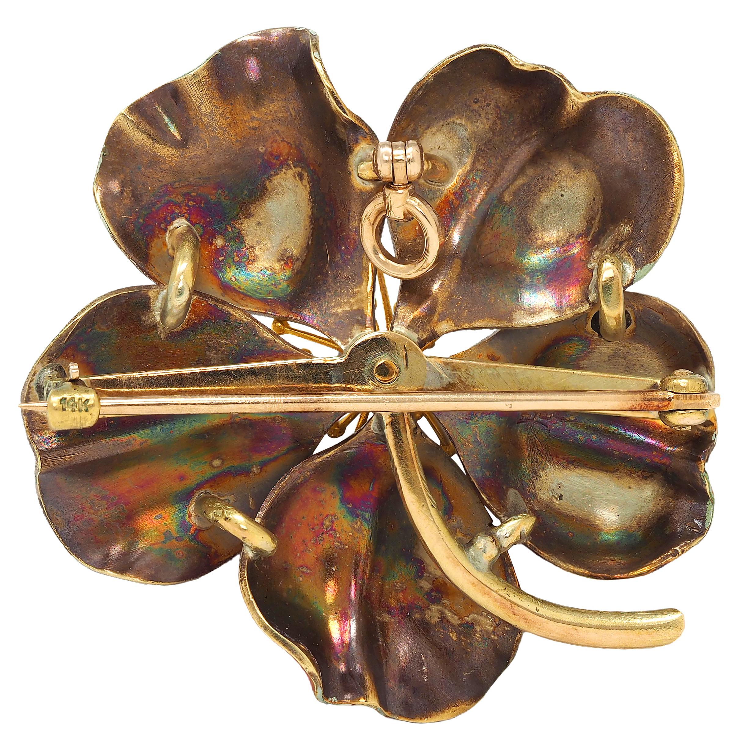 Art Nouveau Painted Enamel Diamond 14K Gold Antique Flower Pendant Brooch