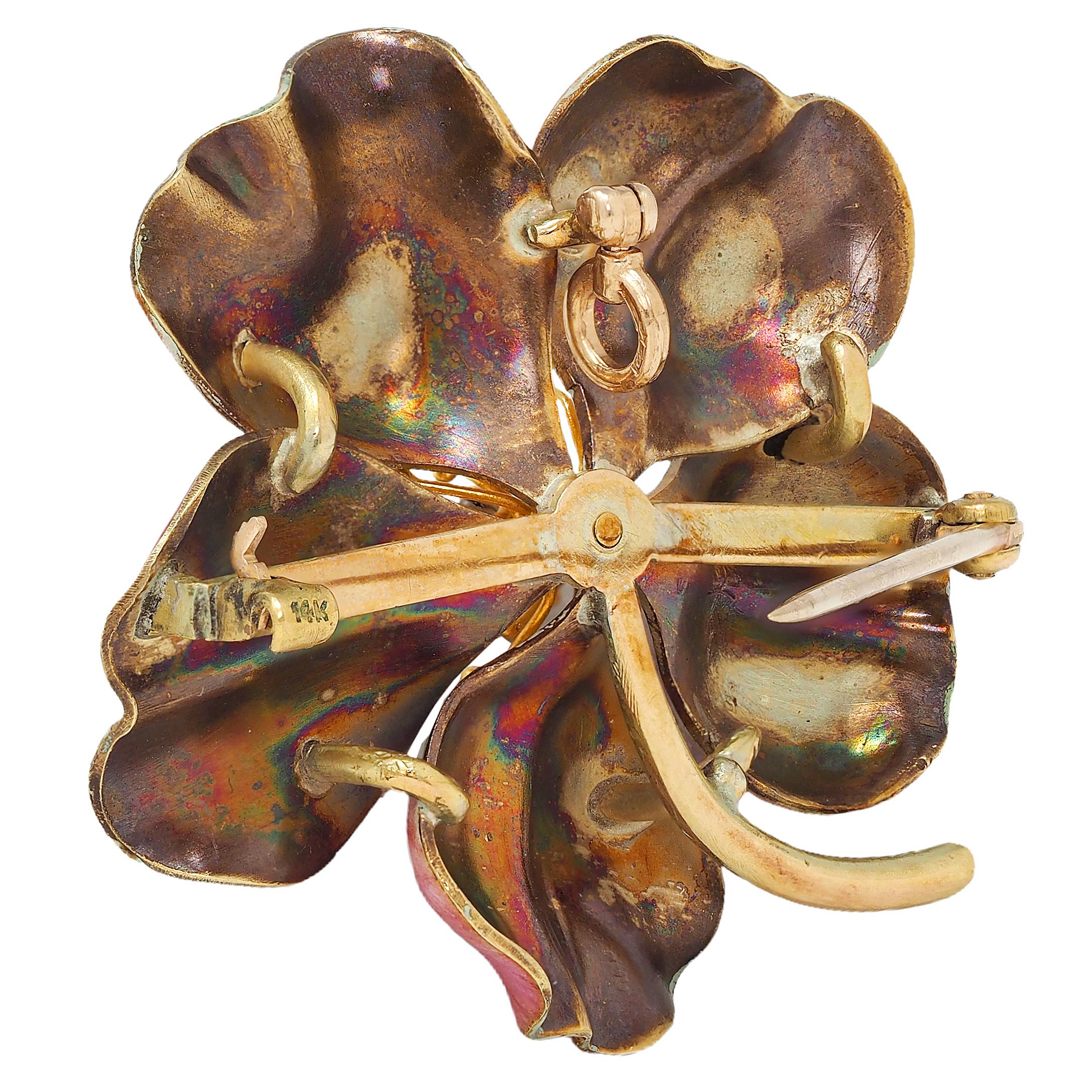 Art Nouveau Painted Enamel Diamond 14K Gold Antique Flower Pendant Brooch