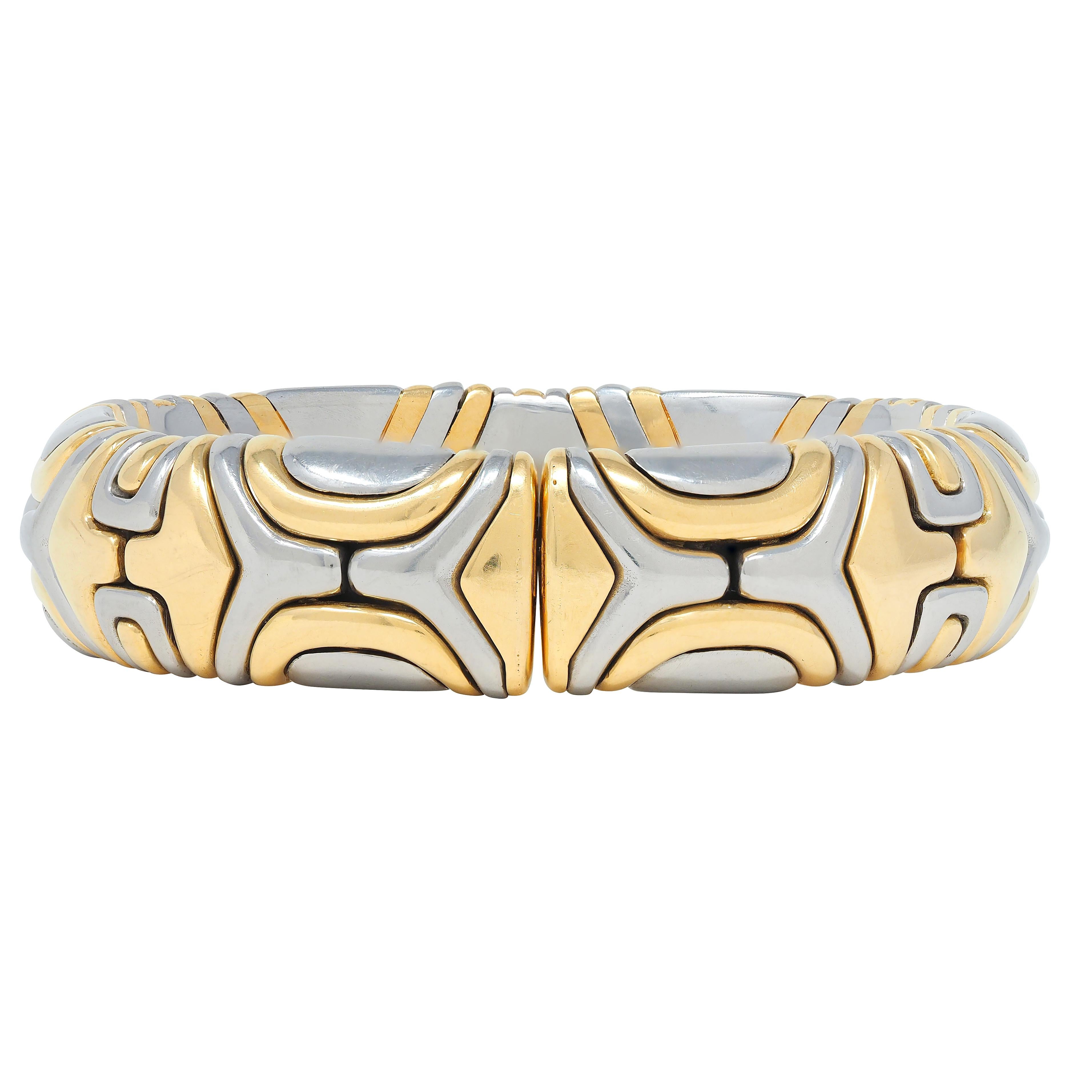 Bulgari 1988 18 Karat Gold Stainless Steel Alveare Vintage Cuff Bracelet