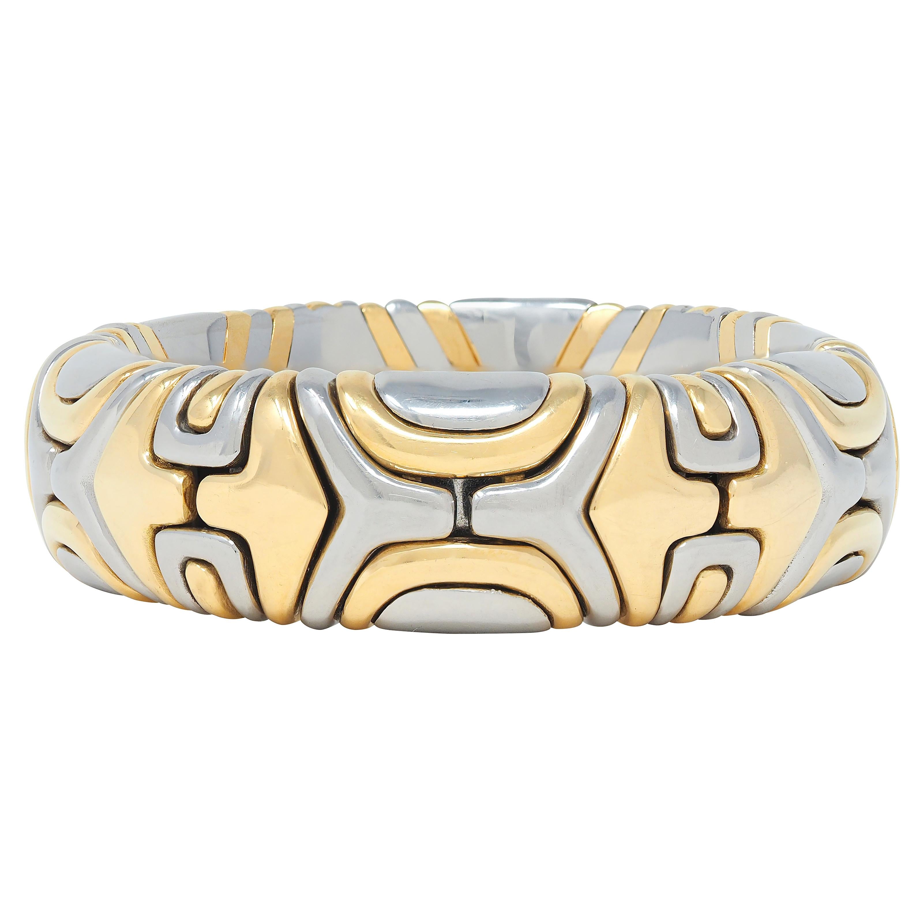 Bulgari 1988 18 Karat Gold Stainless Steel Alveare Vintage Cuff Bracelet