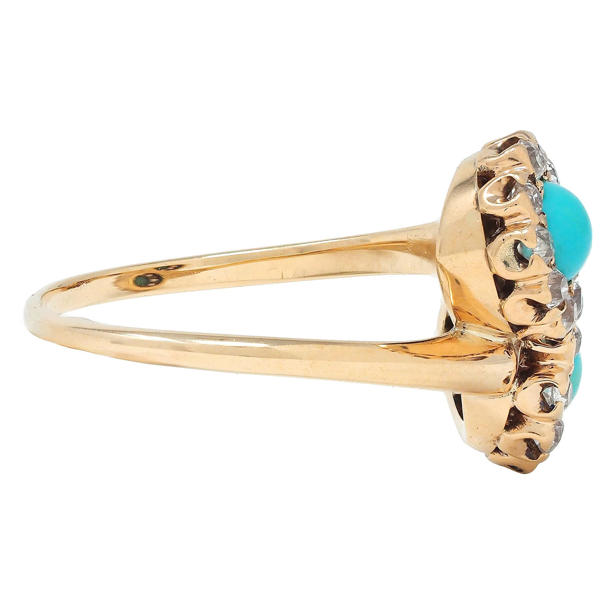 Victorian Turquoise Diamond 14 Karat Yellow Gold Antique Toi-Et-Moi Bypass Ring