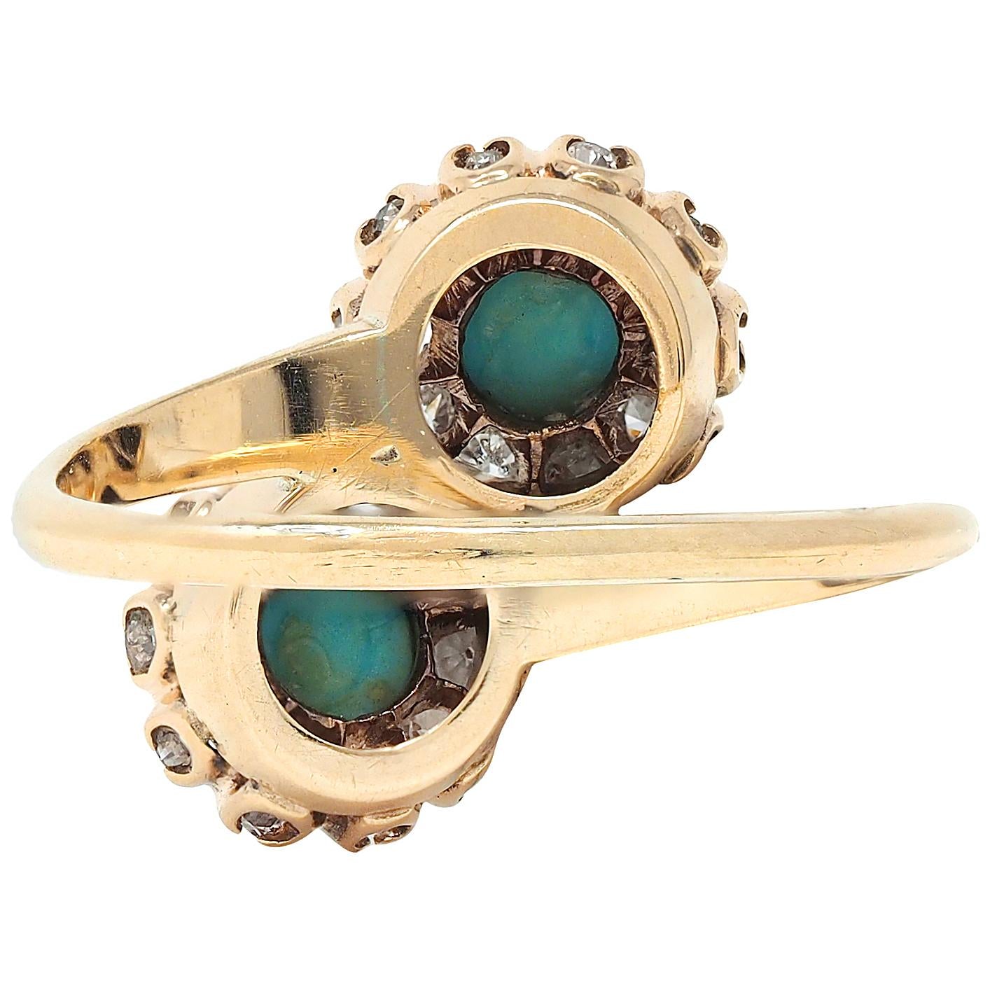 Victorian Turquoise Diamond 14 Karat Yellow Gold Antique Toi-Et-Moi Bypass Ring