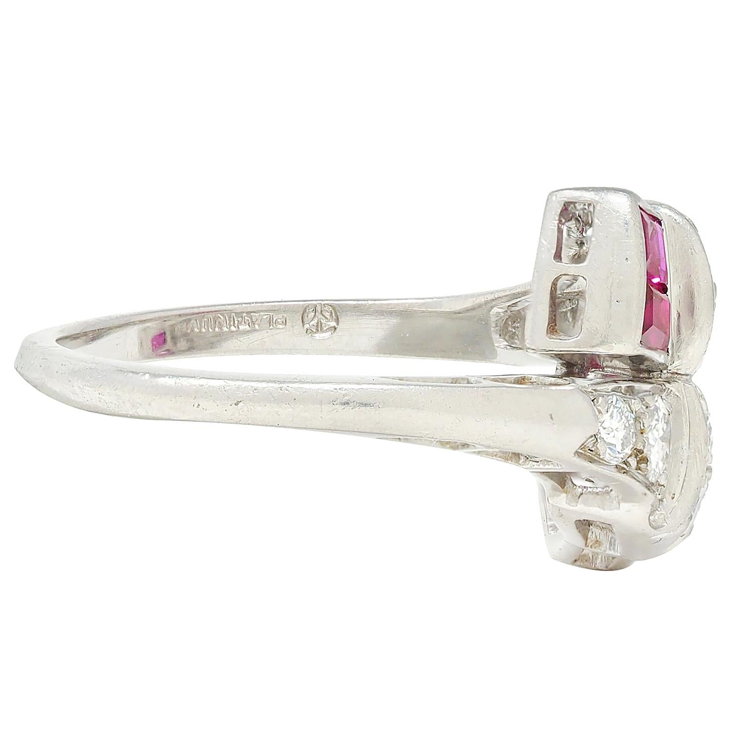 Maurice Tishman Mid-Century Ruby Diamond Platinum Bypass Ring